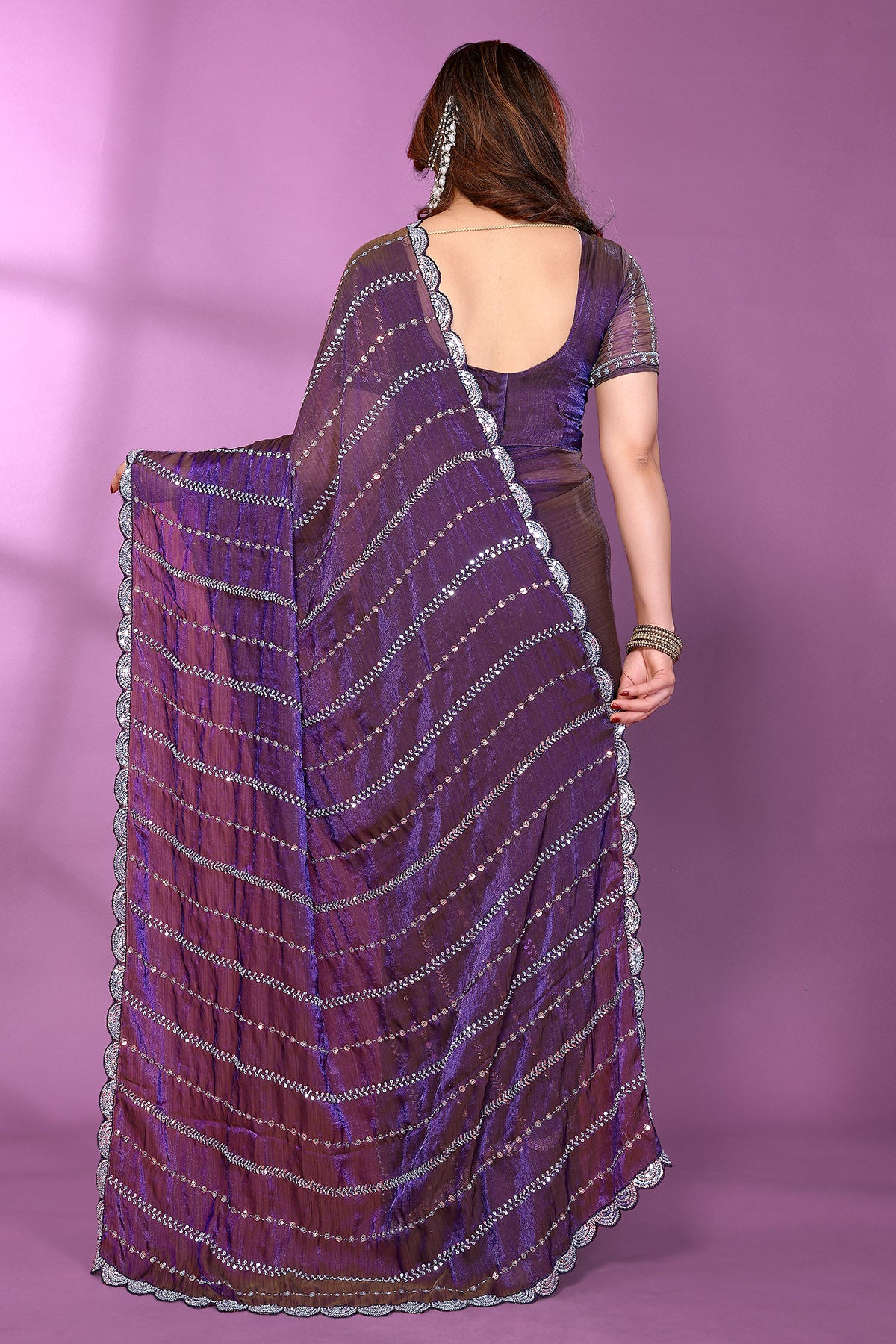 Purple Silk Satin Beaded Saree