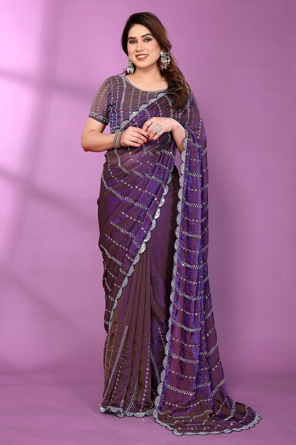 Buy Purple Silk Satin Beaded Saree for women by Aastha Fashion online available at scrollnshops