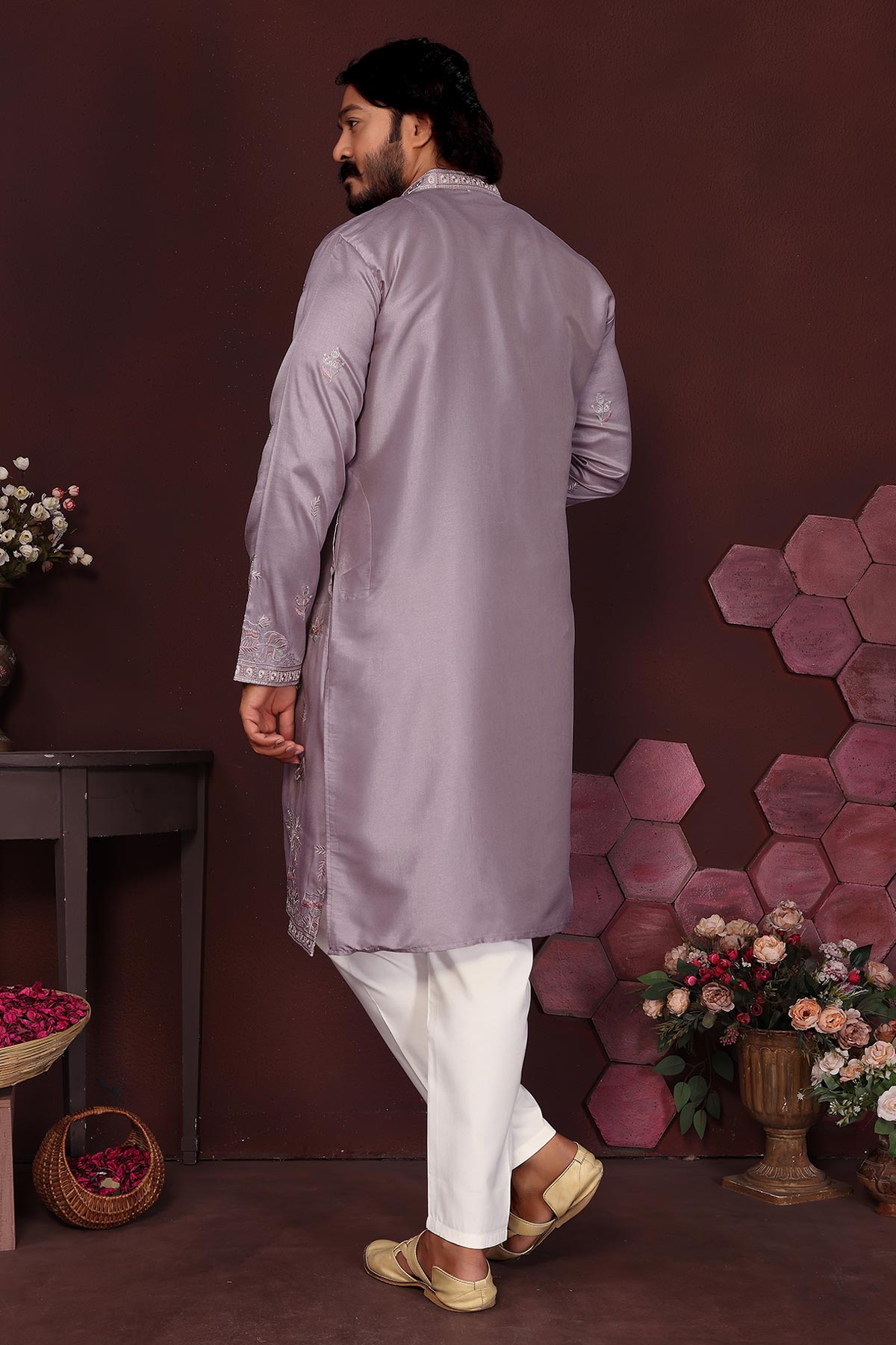 Purple Silk Sequins Kurta Pants