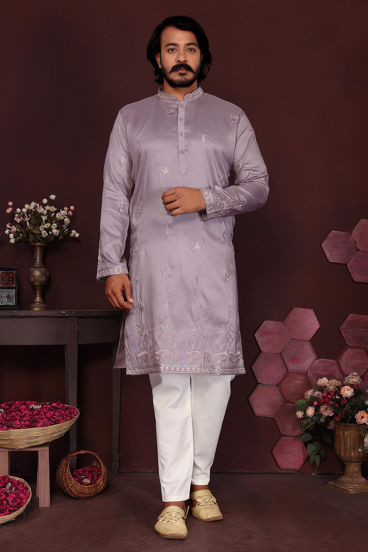 Buy Purple Silk Sequins Kurta Pants for men by Jyoti Fashion online available at scrollnshops