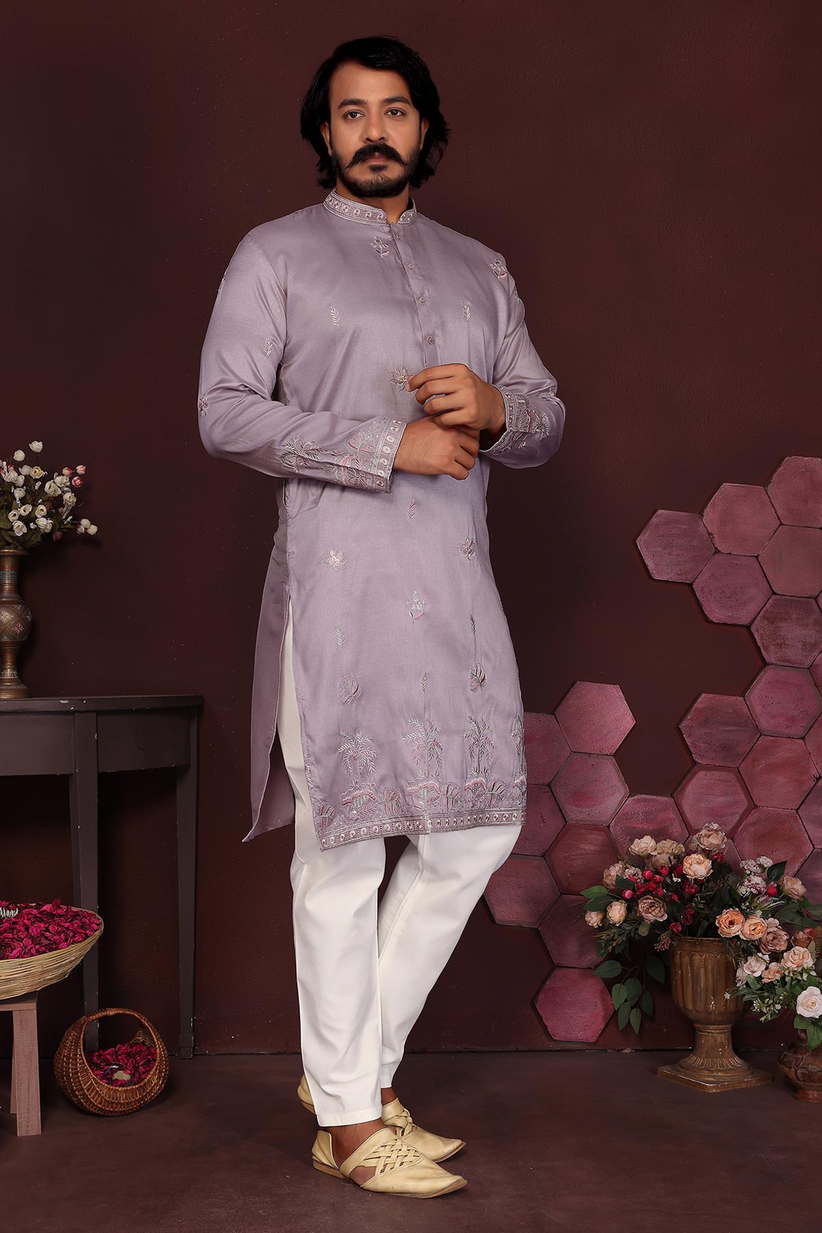 Purple Silk Sequins Kurta Pants