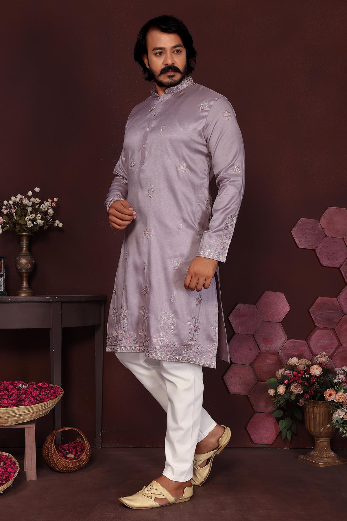 Purple Silk Sequins Kurta Pants