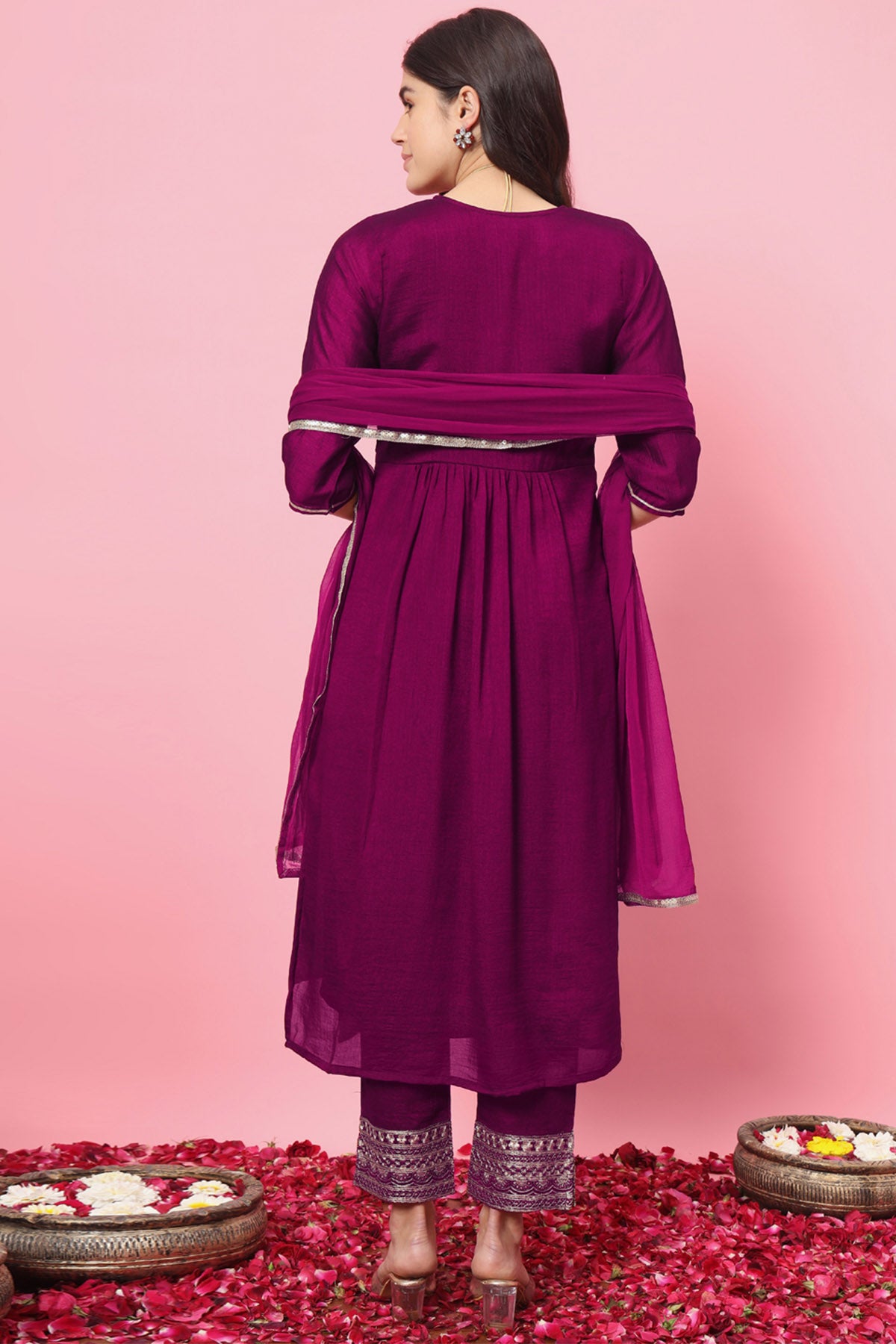 Purple Silk V-Neck Kurta Set