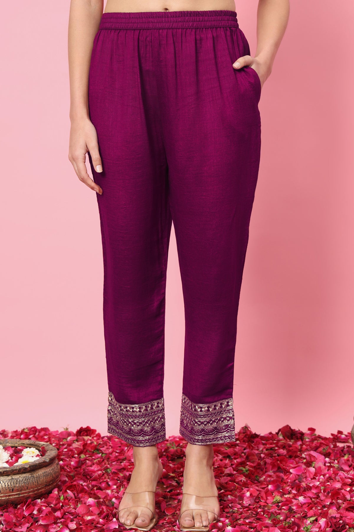 Purple Silk V-Neck Kurta Set
