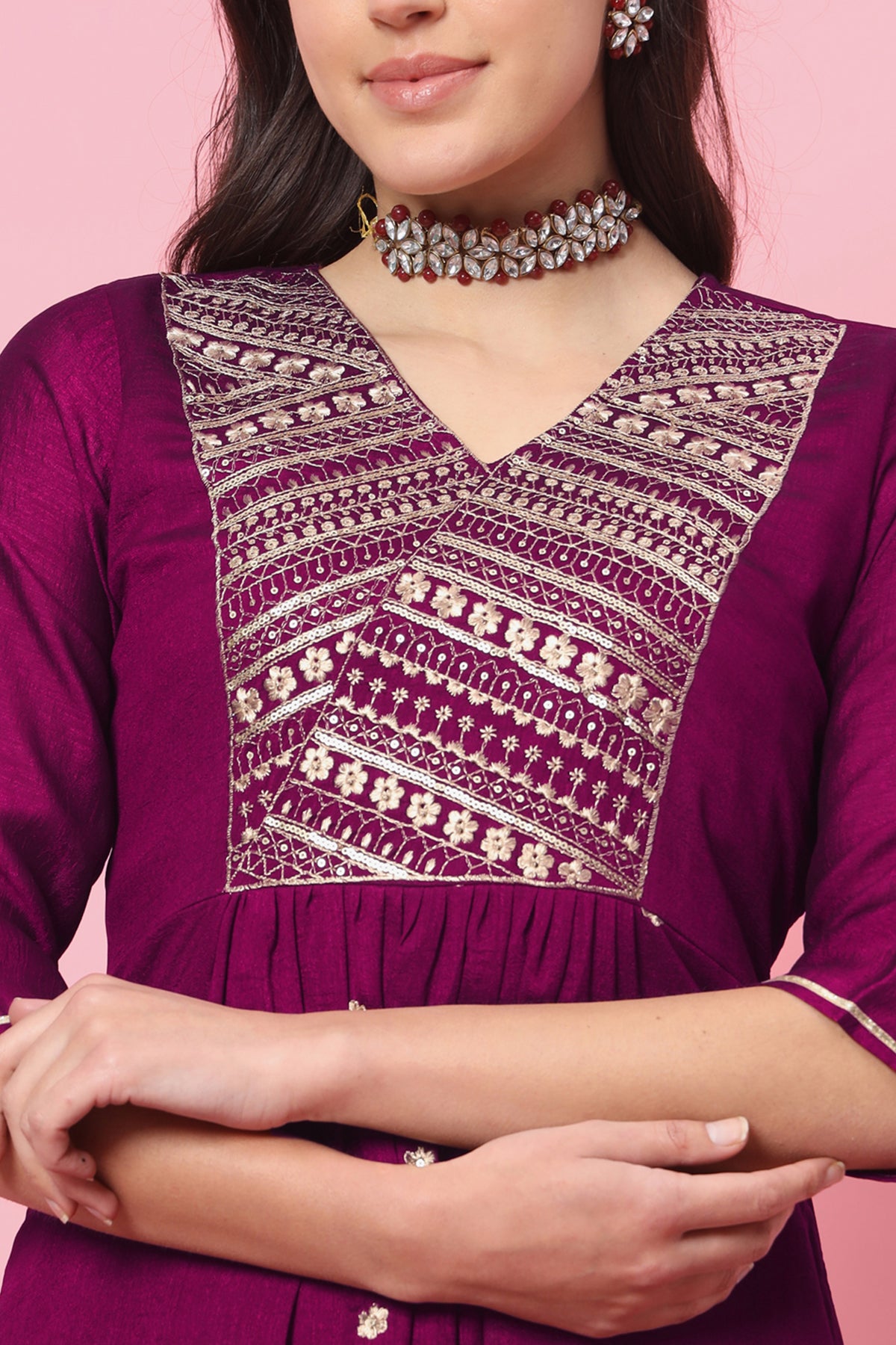 Purple Silk V-Neck Kurta Set