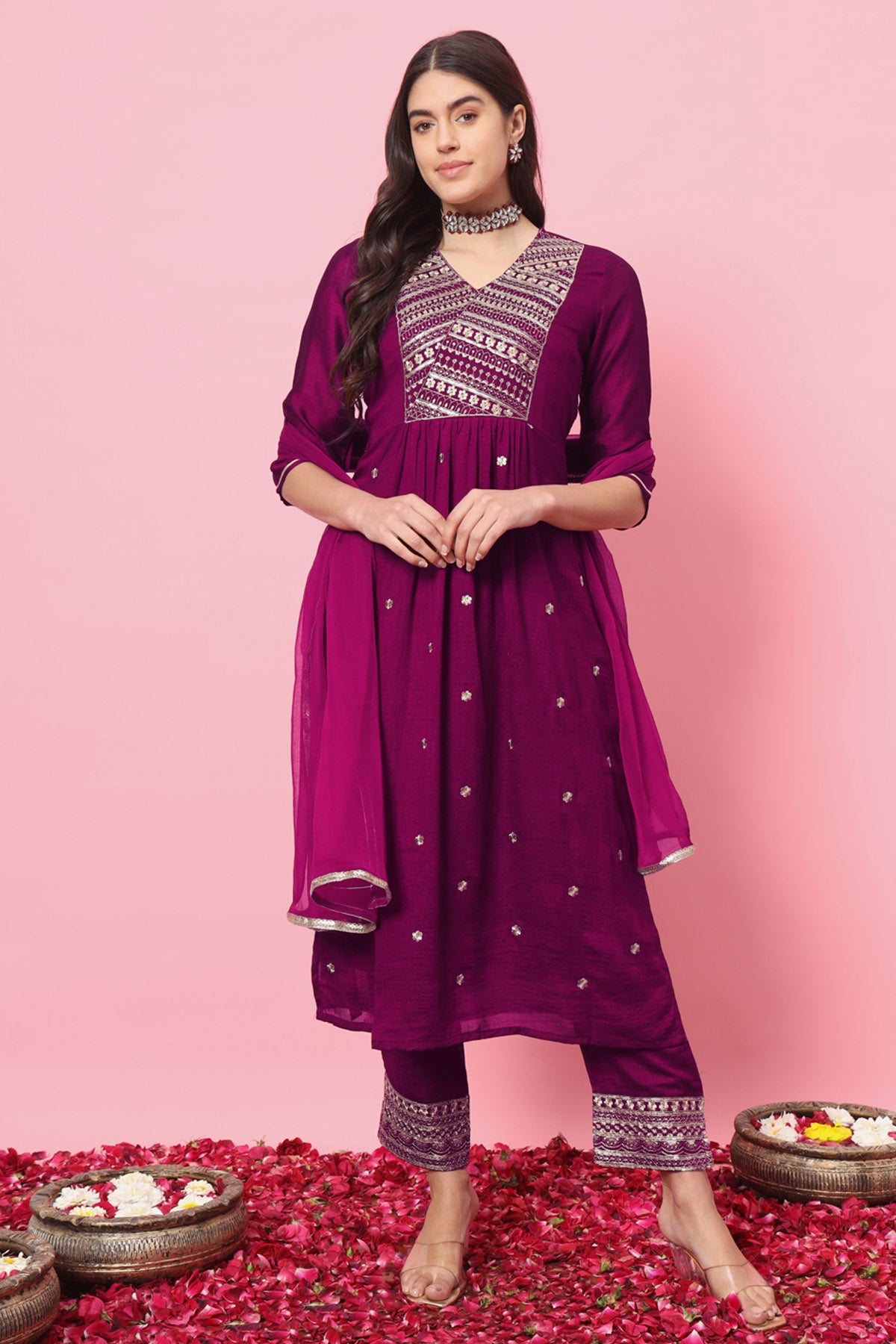 Buy Purple Silk V-Neck Kurta Set for women by Aastha Fashion online available at scrollnshops