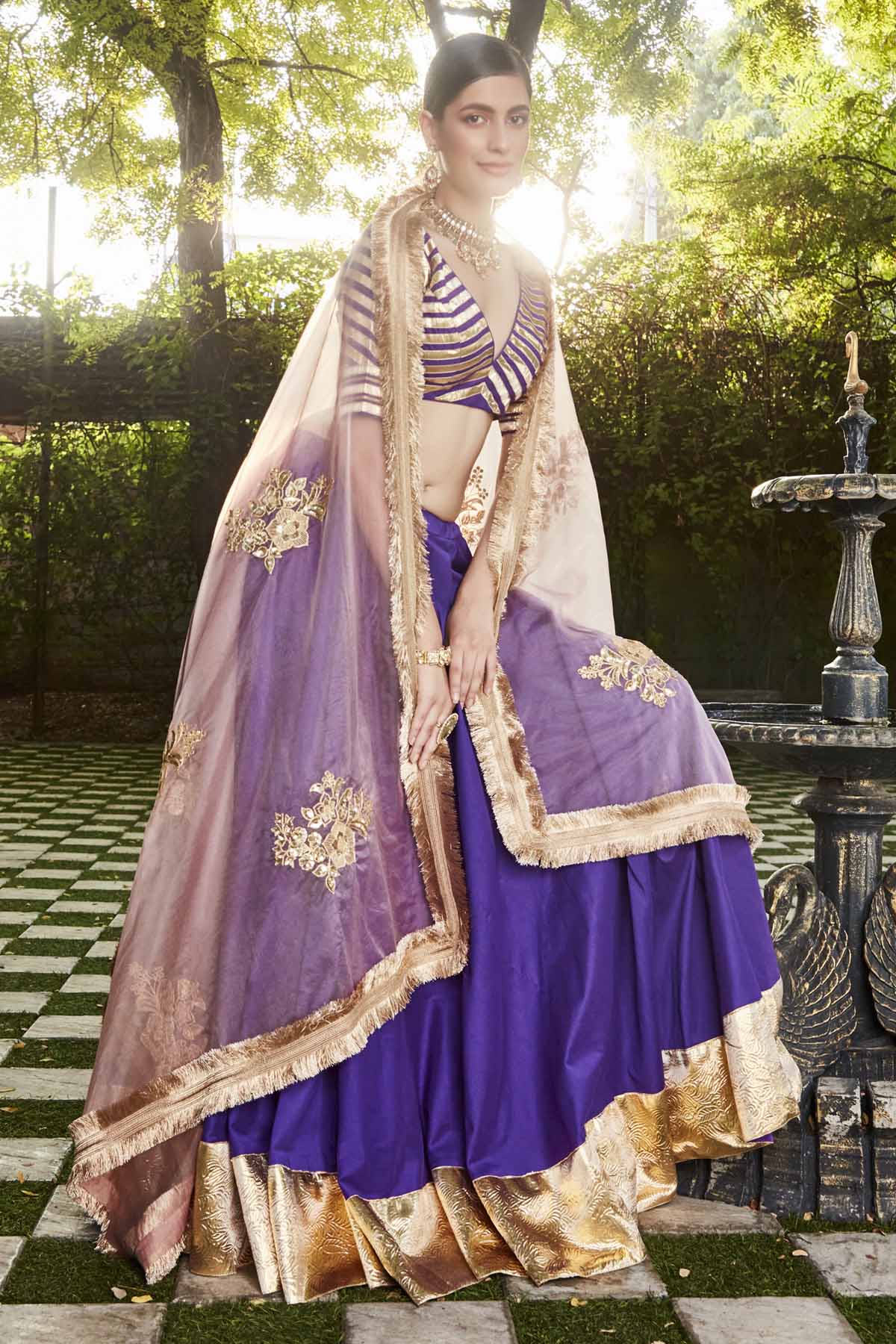 Designer Ranian Purple lehenga set with gota embroidered silk lehenga, blouse with a back hook and zip and powder pink dupatta with zardosi zari boota all over For women Online at ScrollnShops