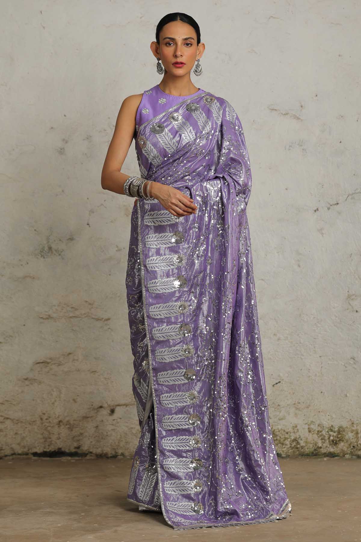 Purple Silver Embroidered Saree