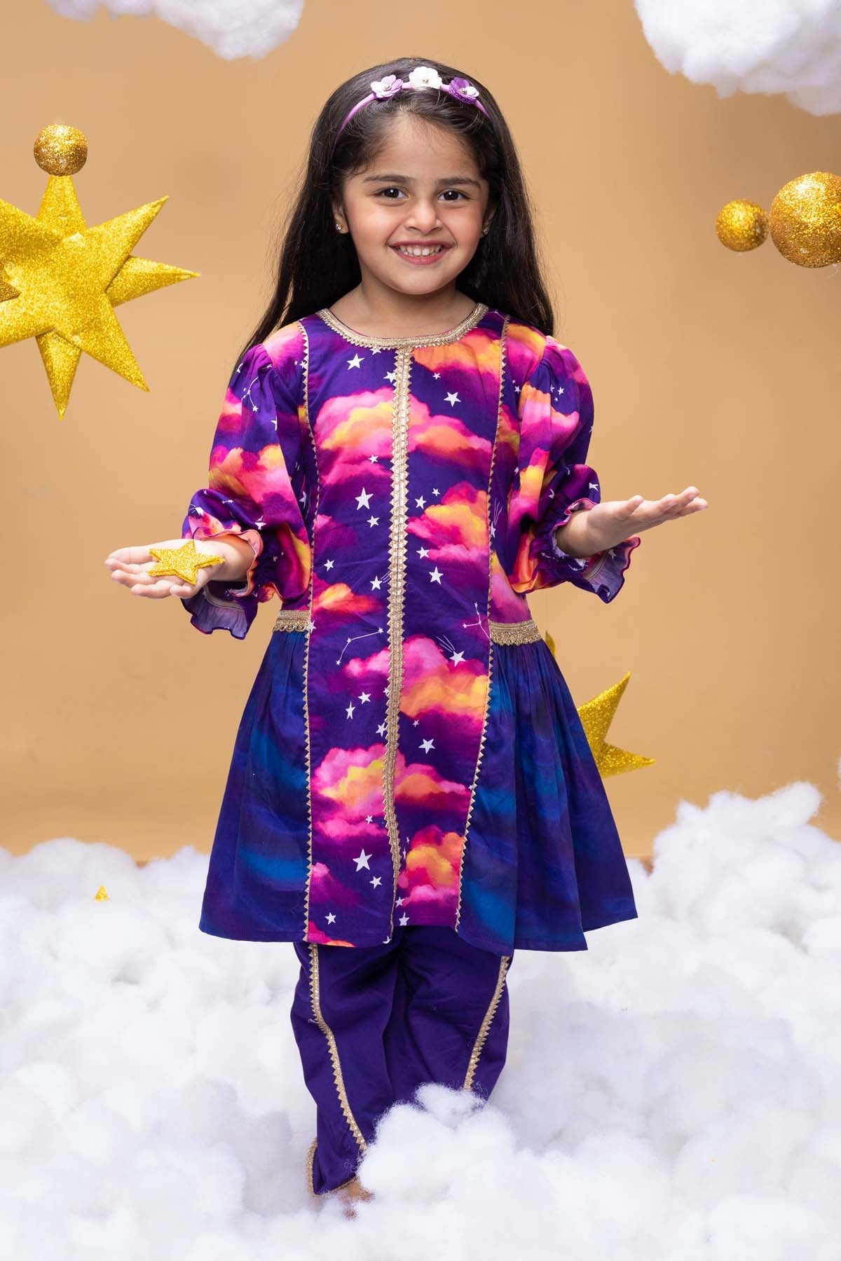 Designer Little Shiro Purple Sky Print Kurta Set For Kids Available online at ScrollnShops