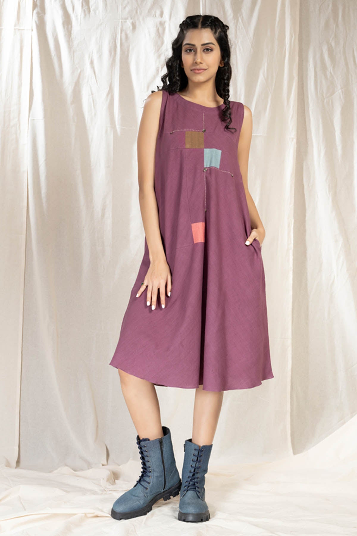 Thread Game Purple Sleeveless Applique Dress for women online at ScrollnShops