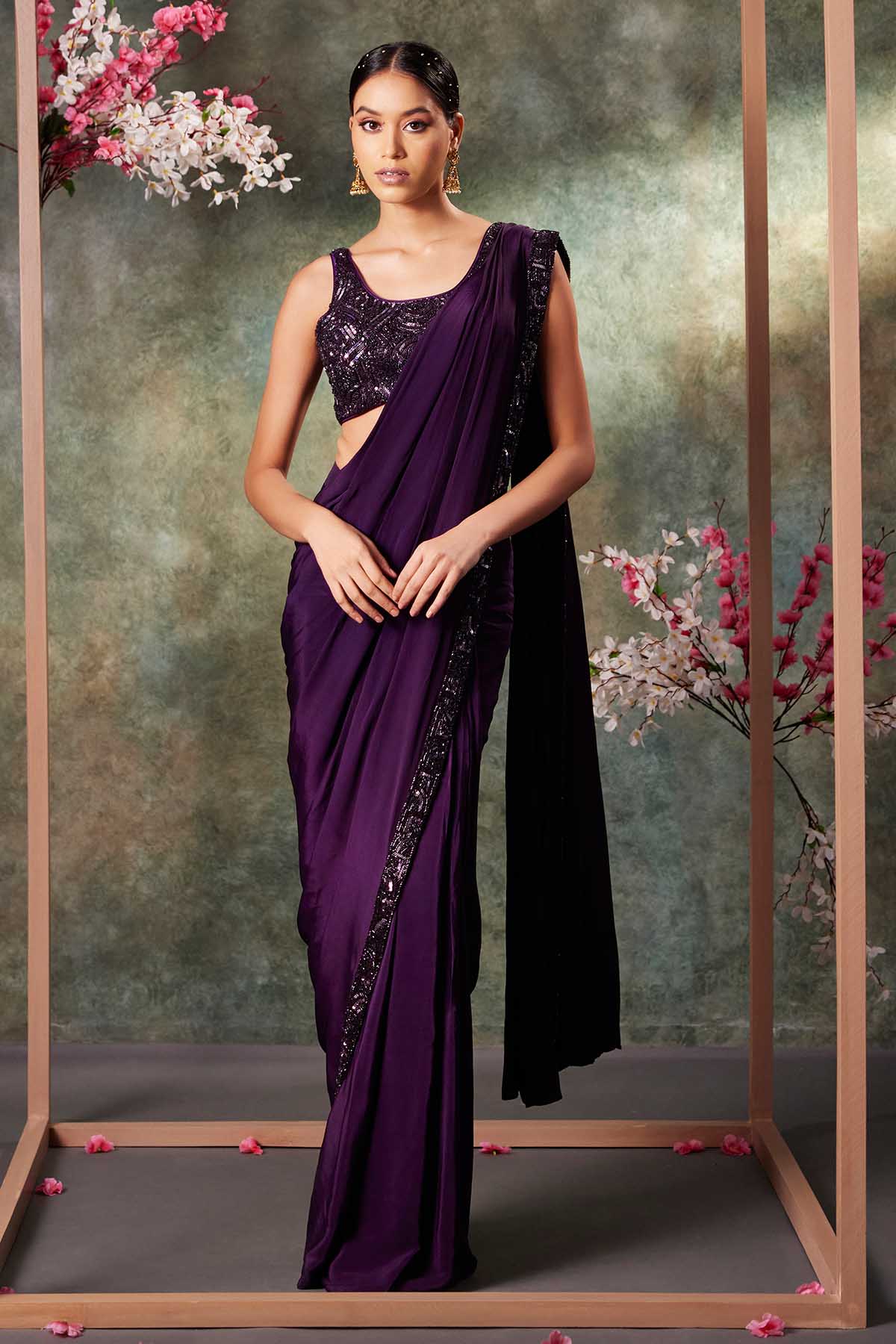 Buy Purple Sleeveless Blouse & Saree by Mehak Murpana for women online at ScrollnShops