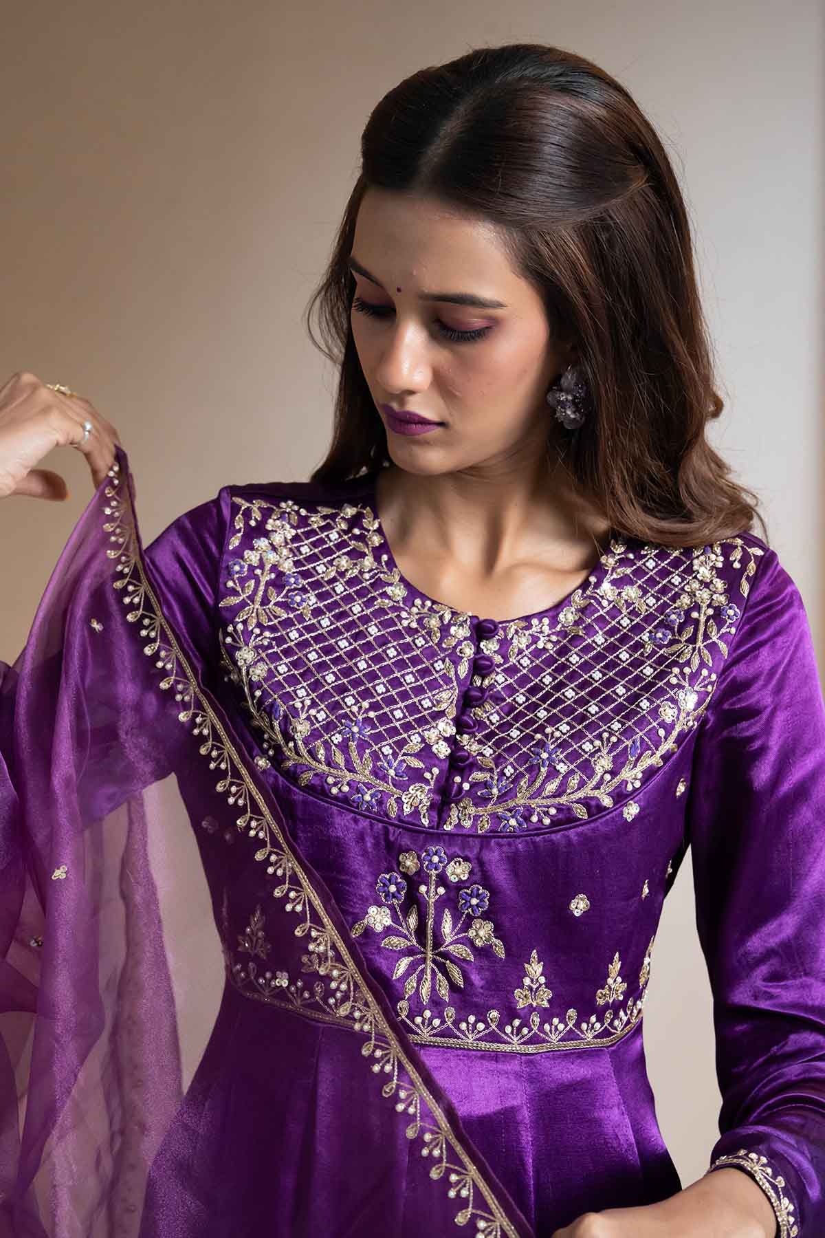 Purple Thread Work Kurta Set