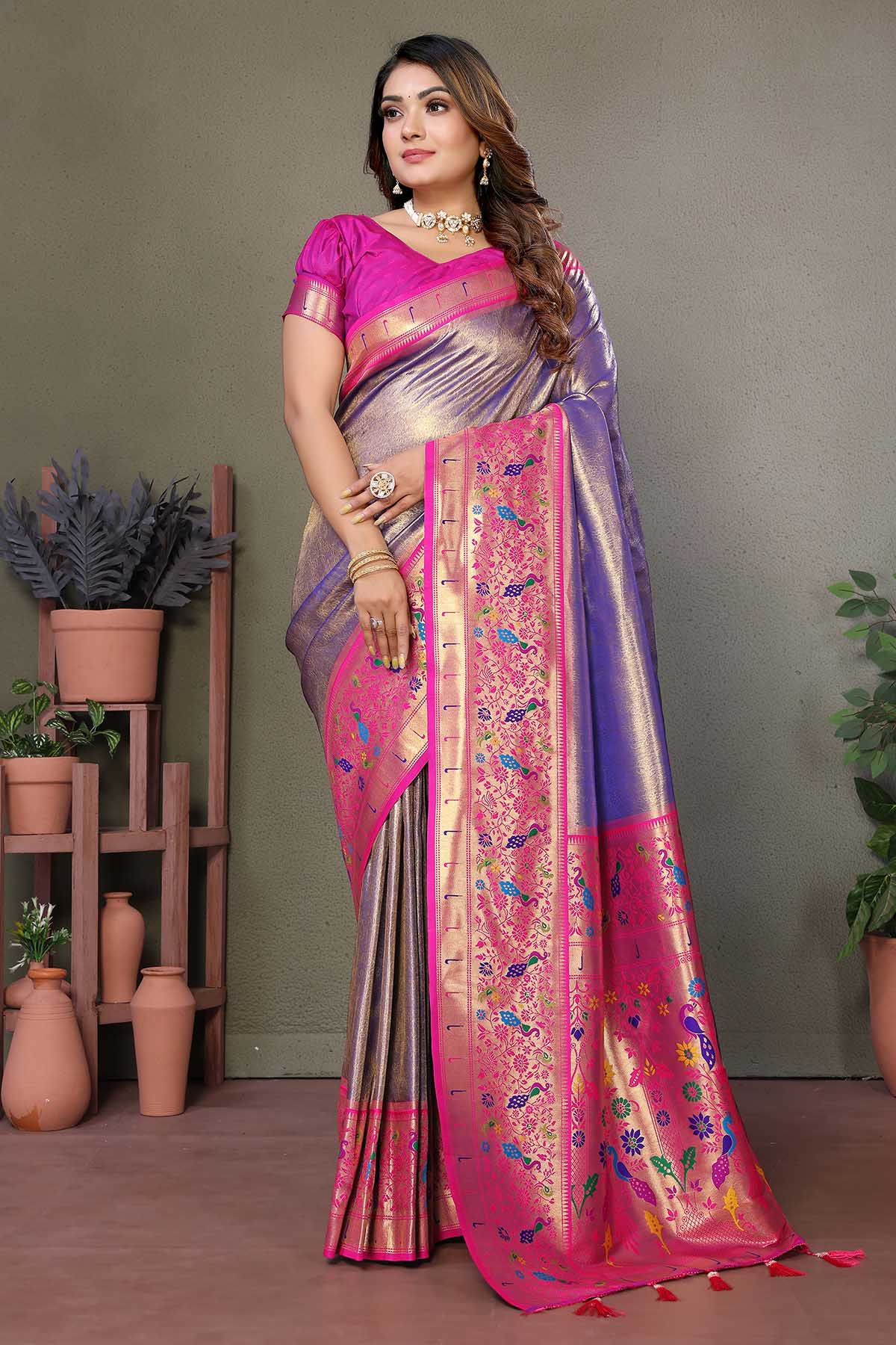 Buy Purple Tissue Silk Woven Saree for women by Aastha Fashion online available at scrollnshops