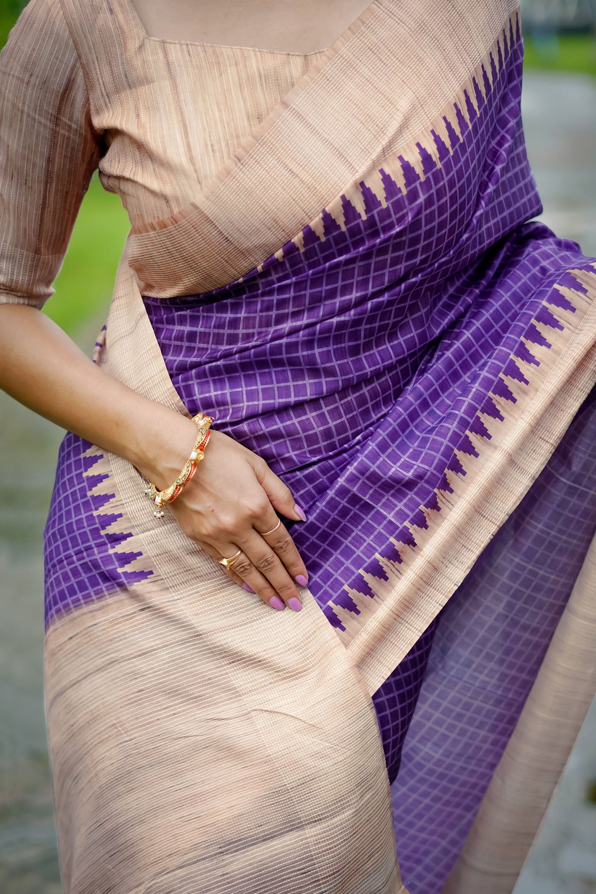 Purple Tussar Silk Checked Saree