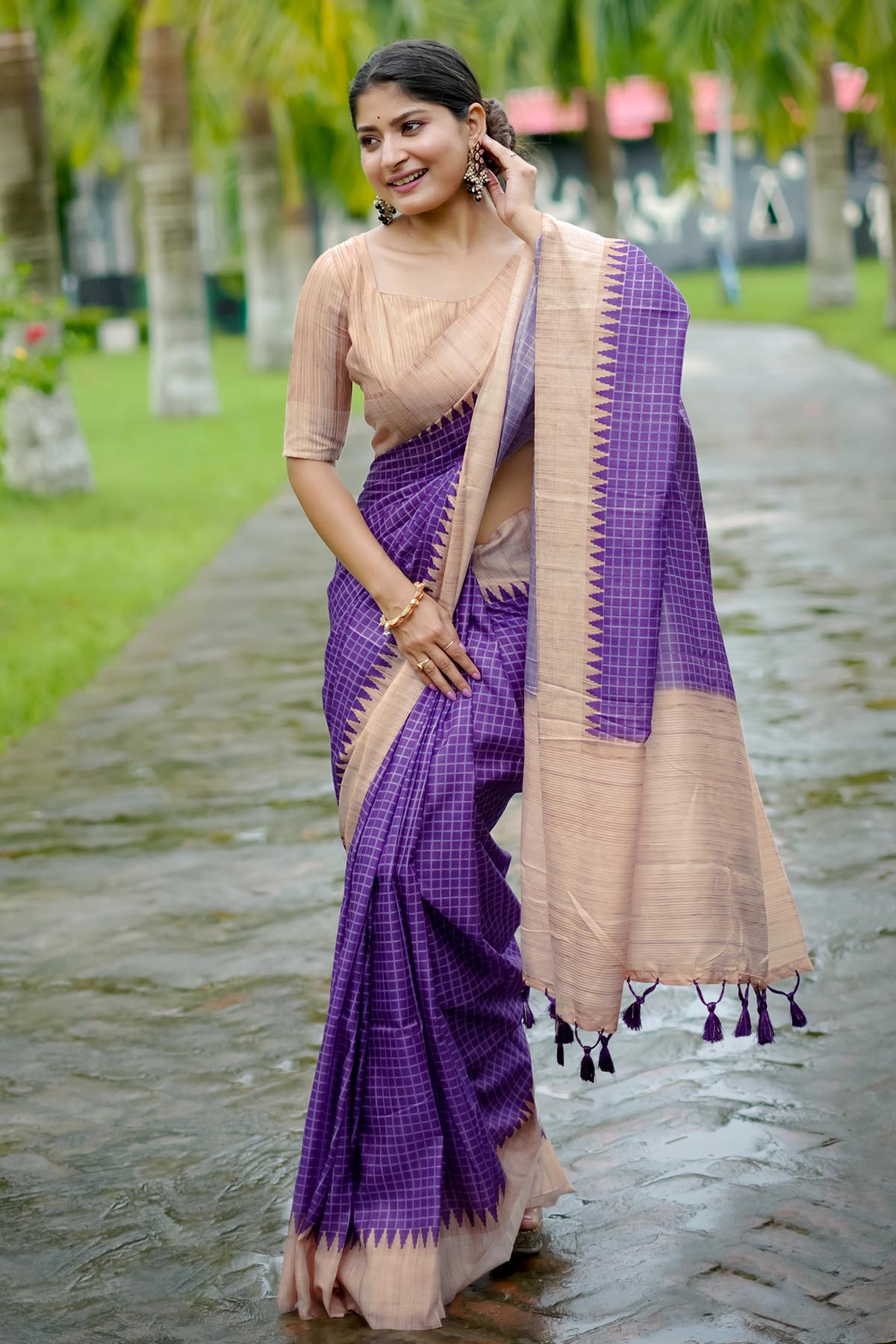 Buy Purple Tussar Silk Checked Saree by Lili Lala for women online at ScrollnShops