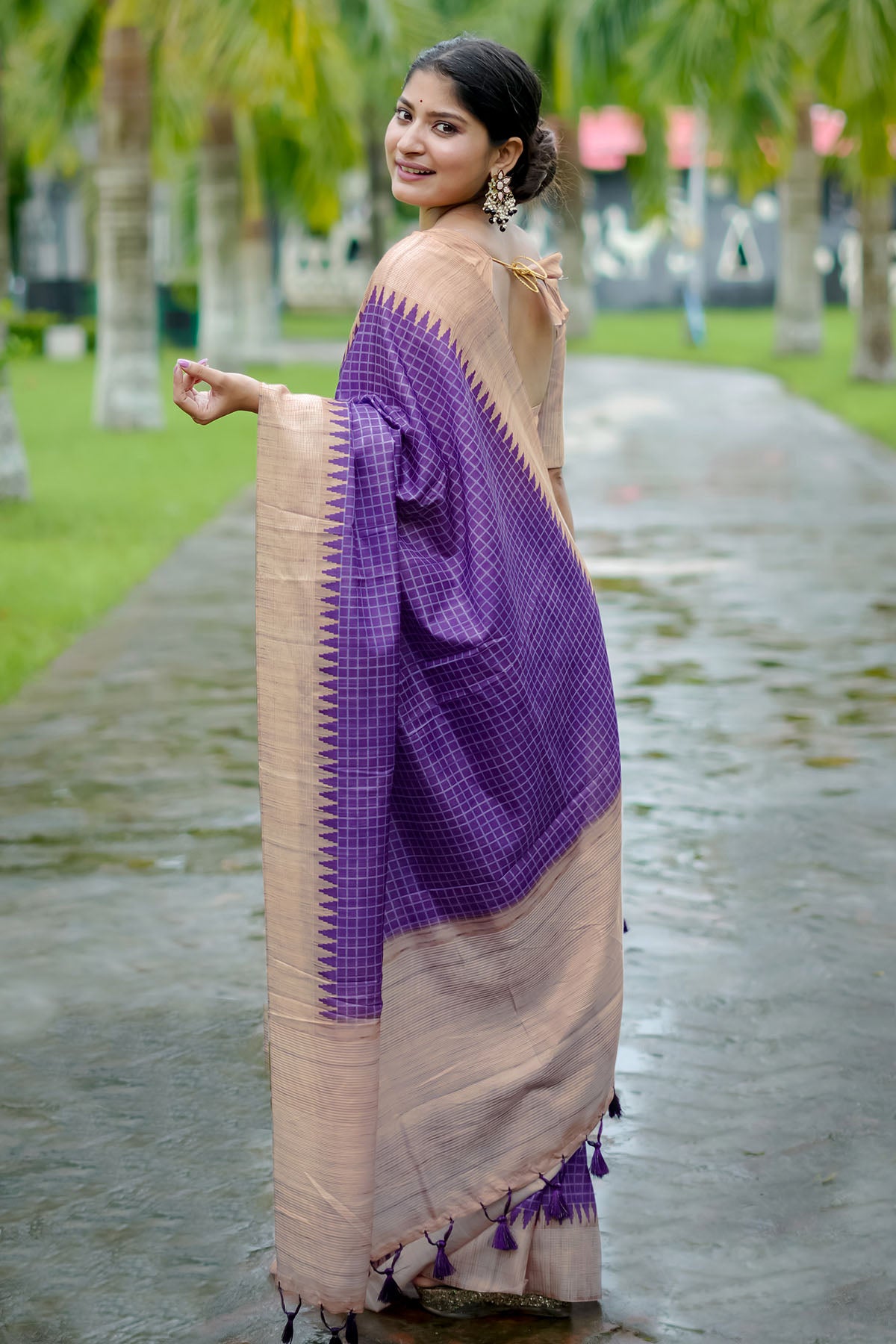 Purple Tussar Silk Checked Saree