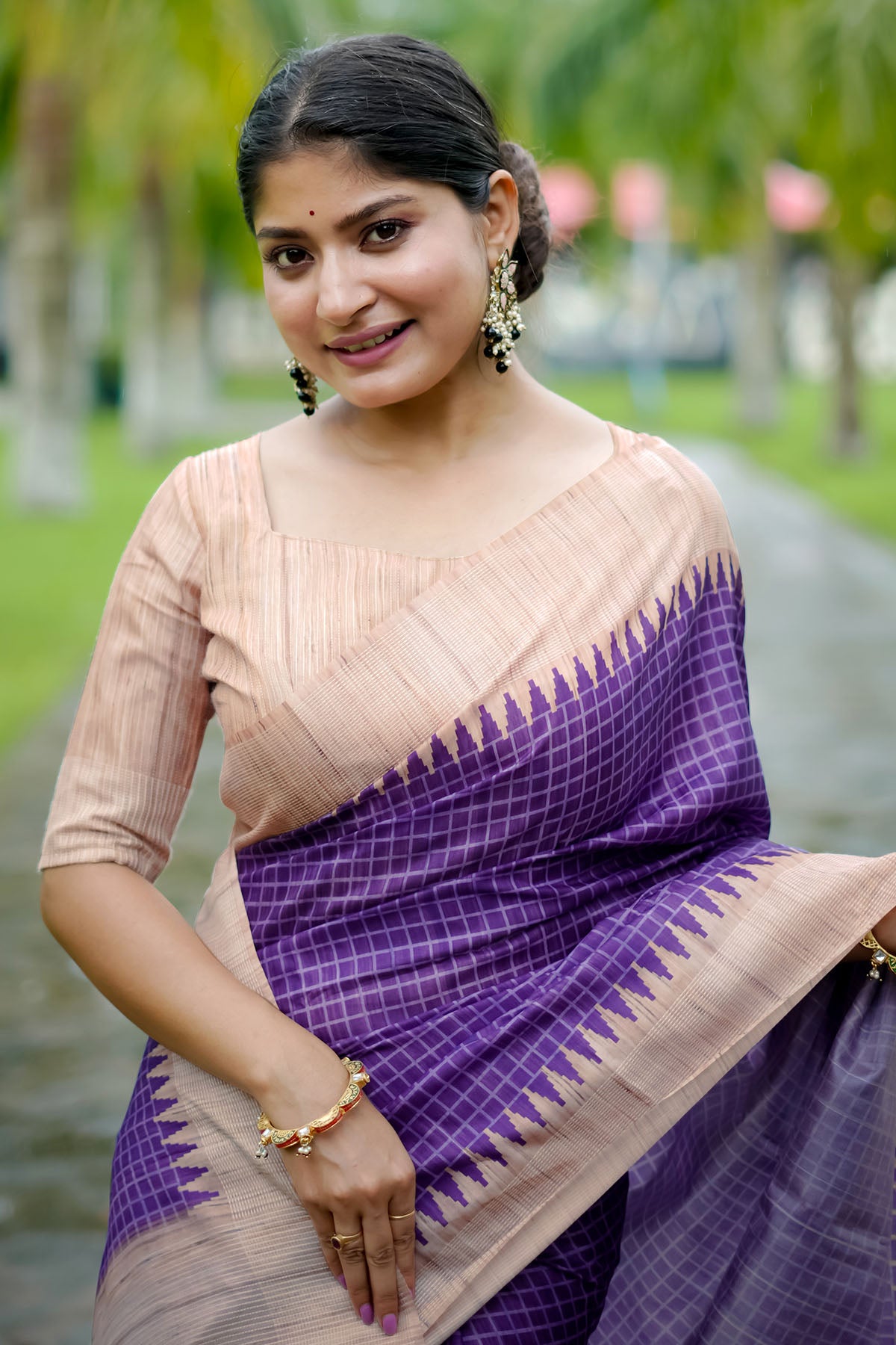 Purple Tussar Silk Checked Saree