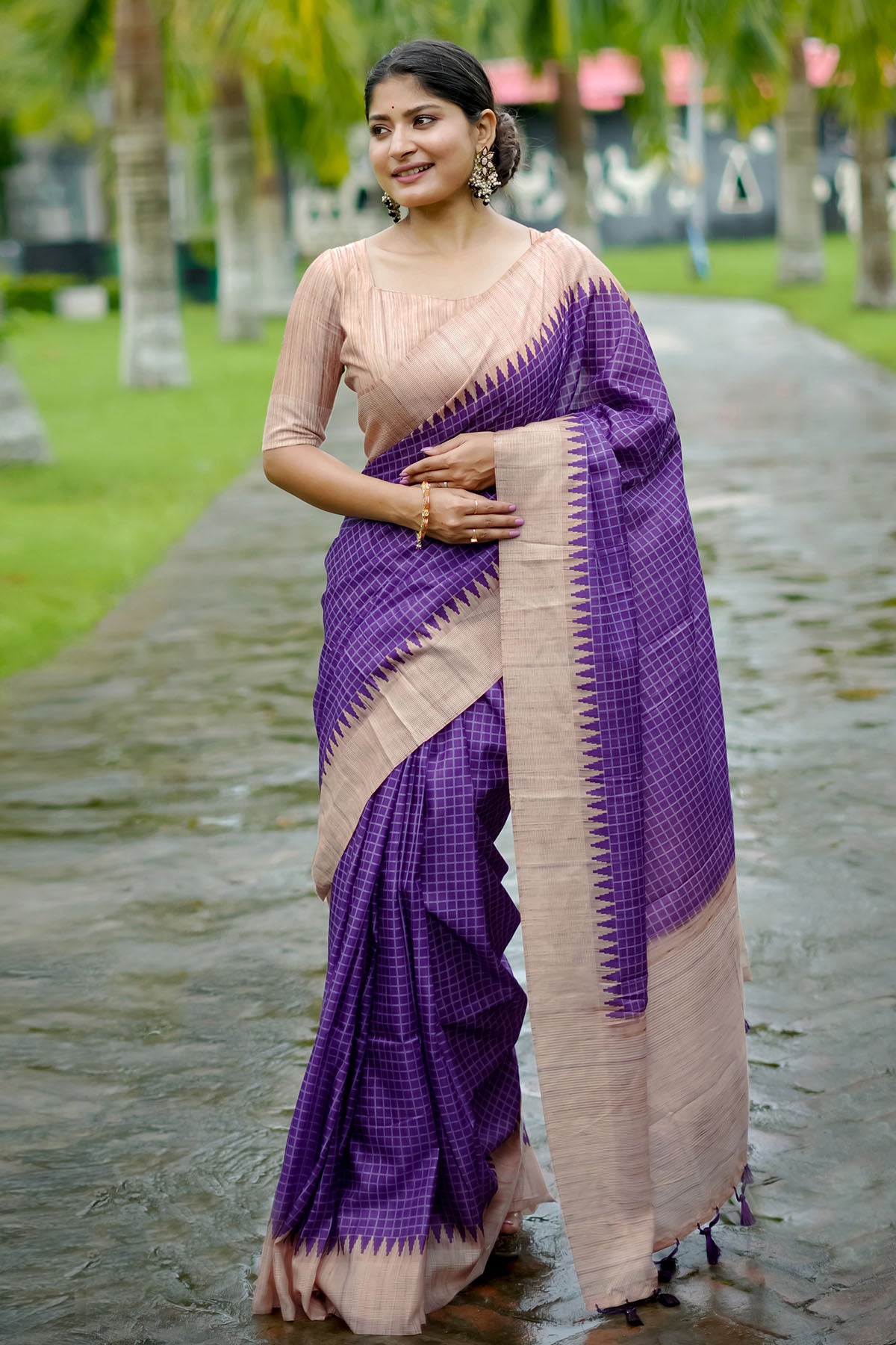 Purple Tussar Silk Checked Saree