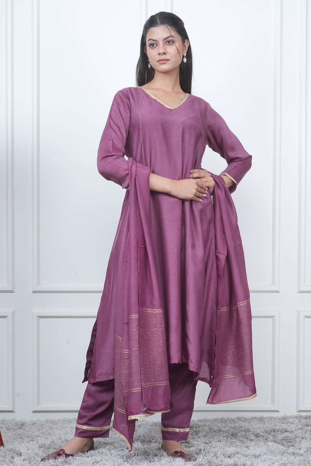 Buy Purple V-Neck Flared Kurta Set by Eesha Gupta for women online at ScrollnShops