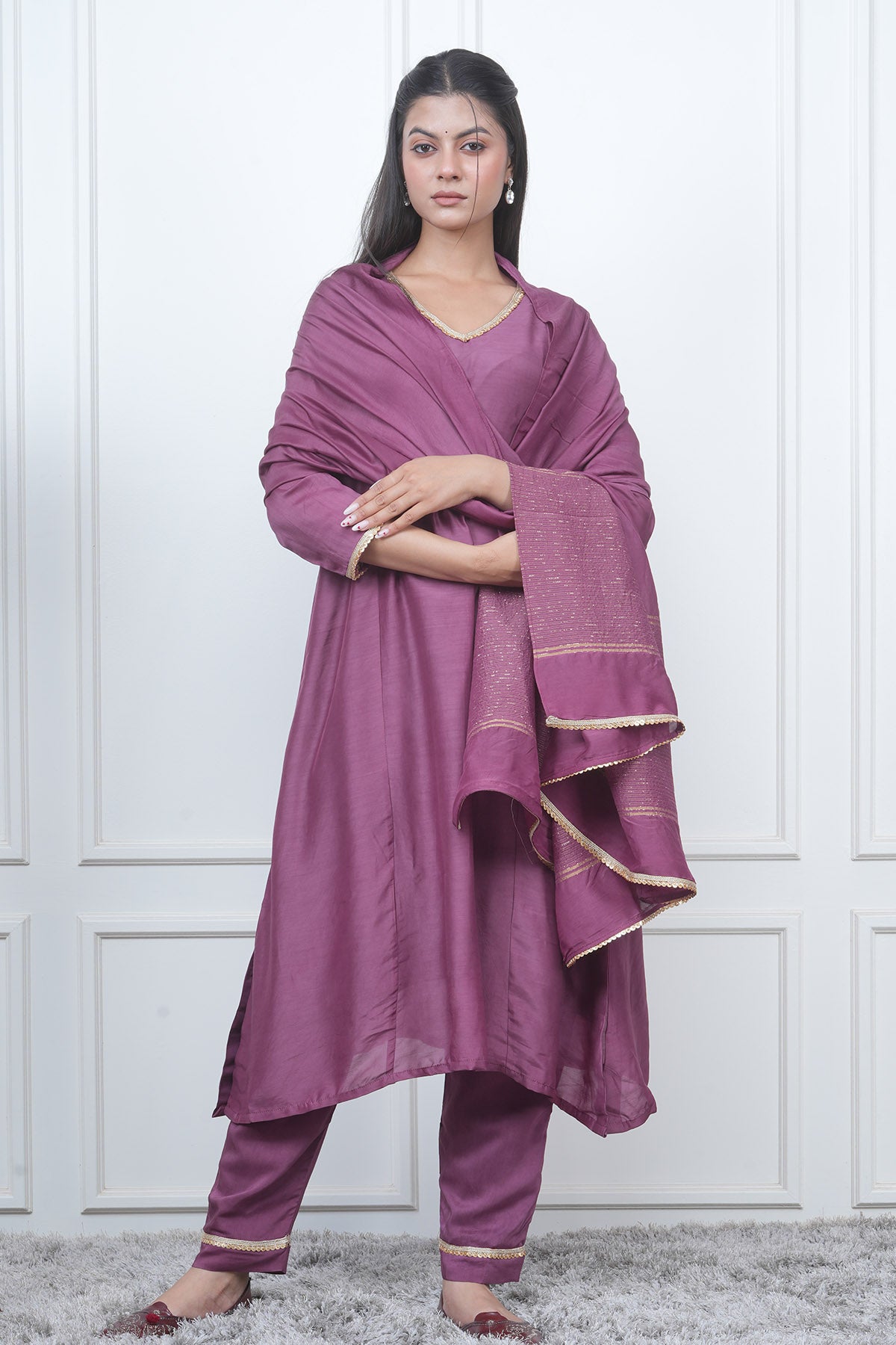 Purple V-Neck Flared Kurta Set