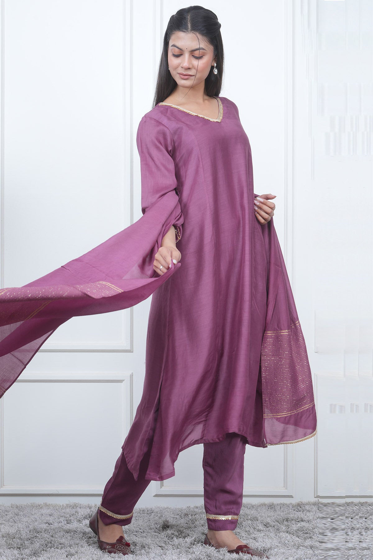 Purple V-Neck Flared Kurta Set