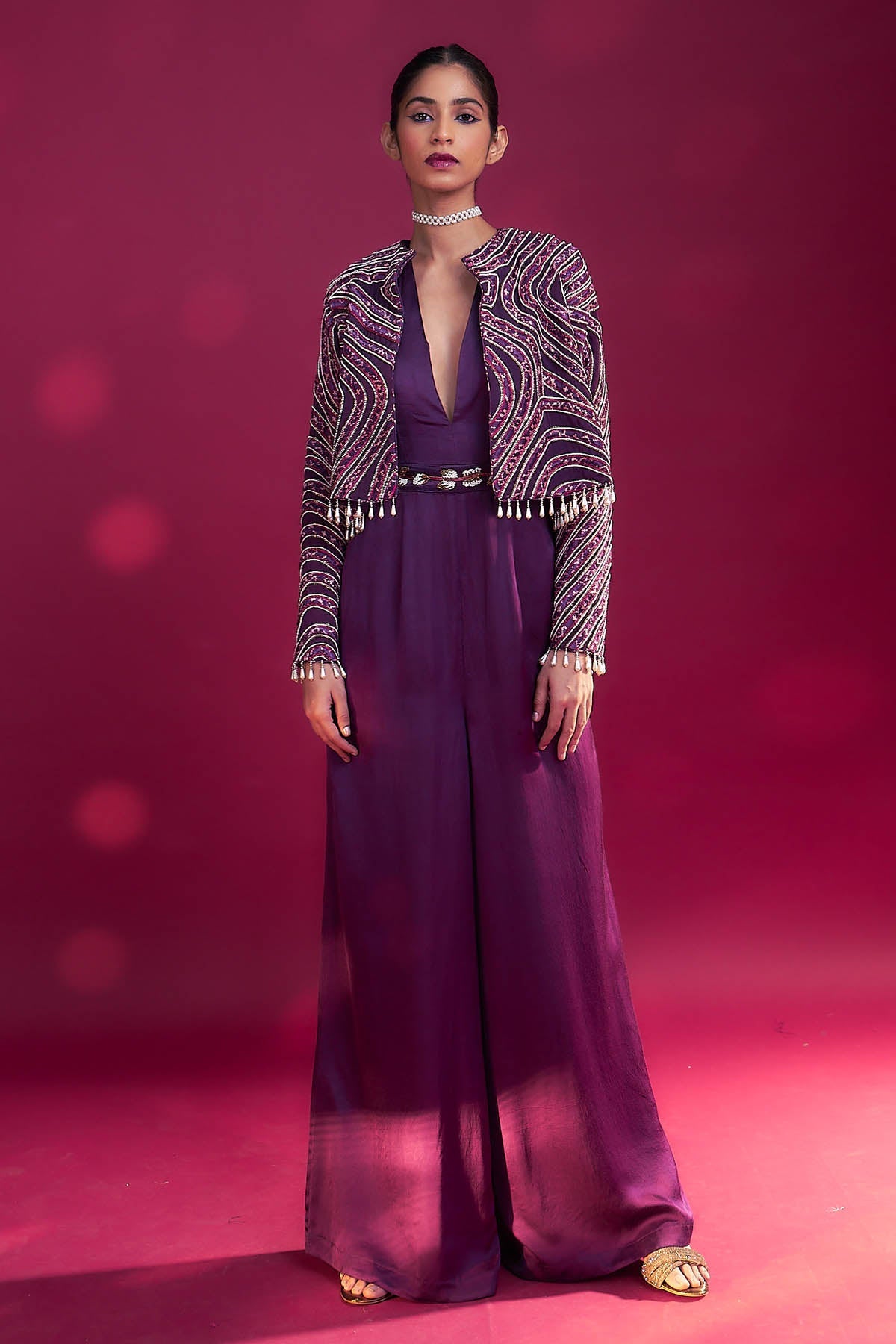 Sejal Kamdar Purple V-Neck Jumpsuit & Jacket for women online at ScrollnShops