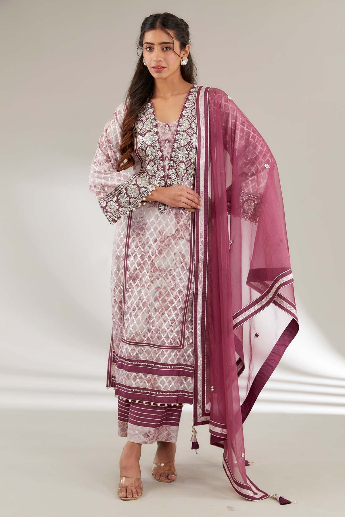 Buy Purple V-Neck Long Kurta Set by Ajiesh Oberoi for women online at ScrollnShops