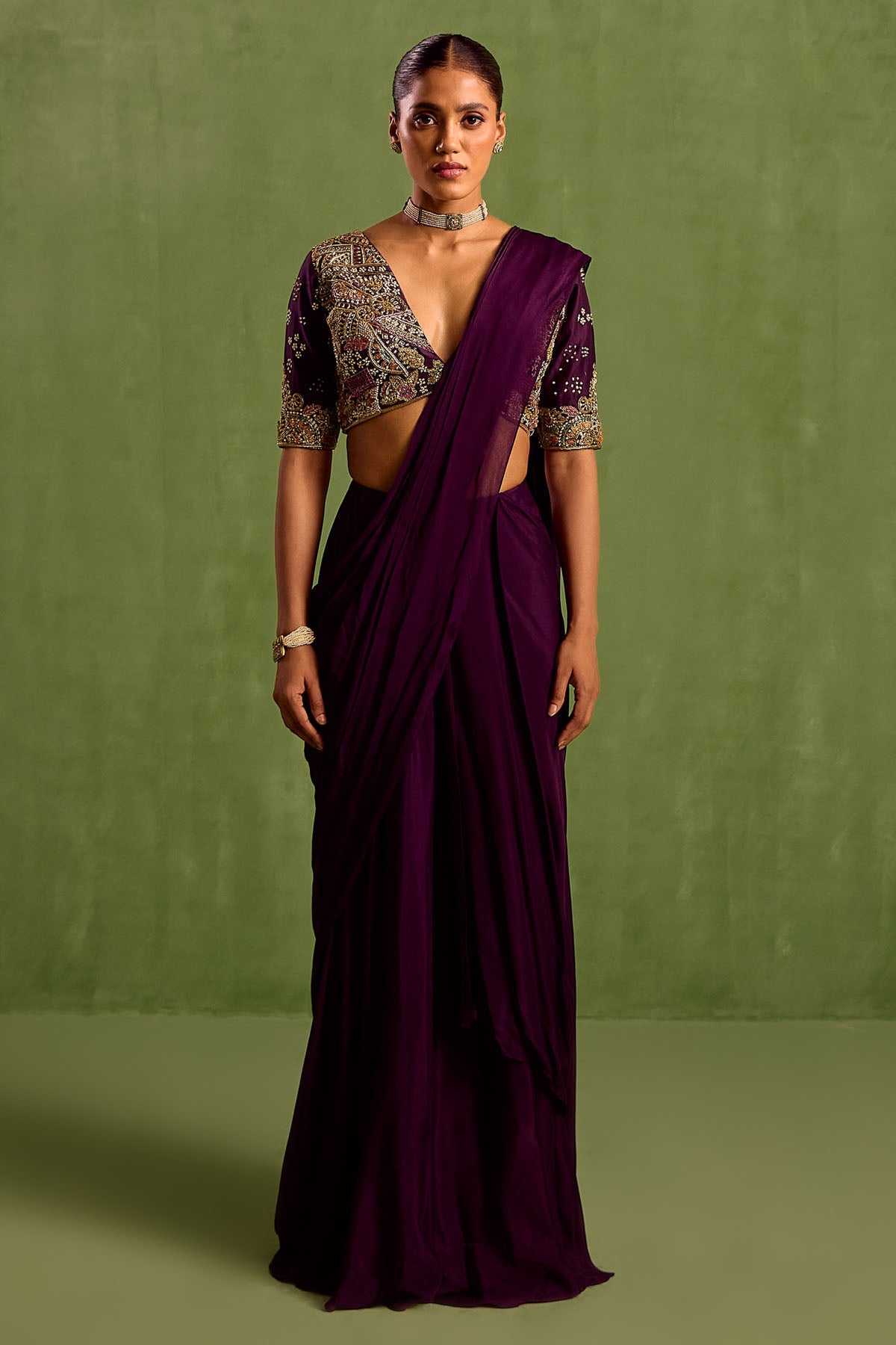 Neha Khullar Purple V-Neck Pre-Draped Saree for women online at ScrollnShops