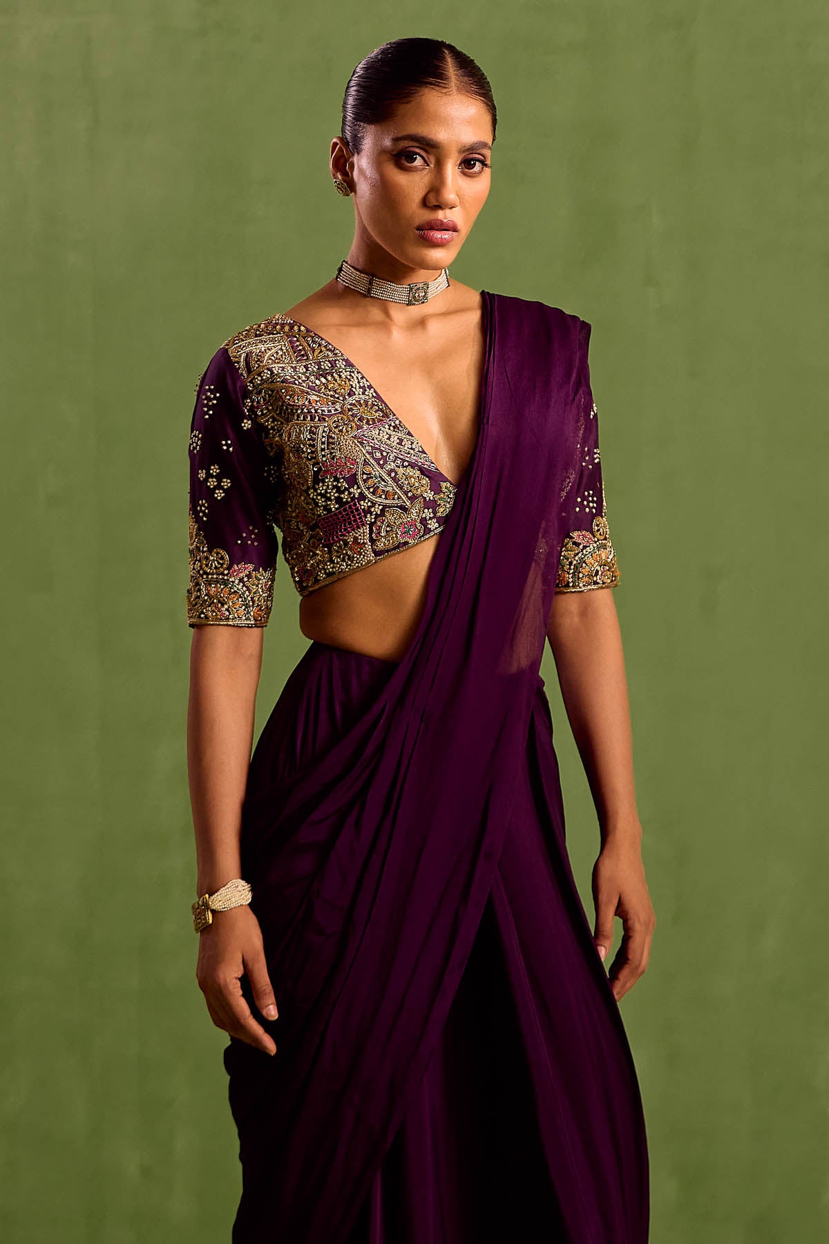 Purple V-Neck Pre-Draped Saree