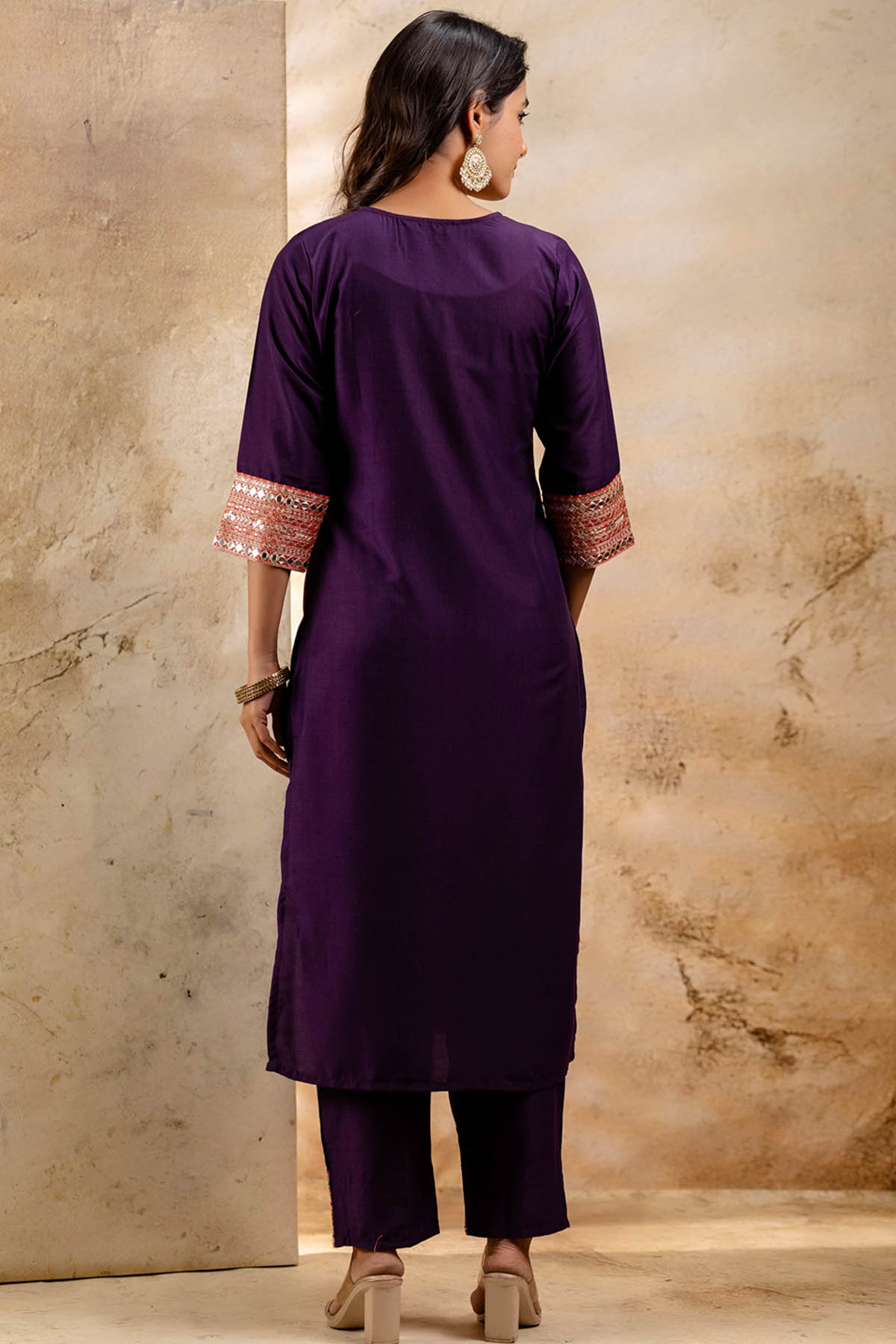 Purple V Neck Sequins Kurta Set
