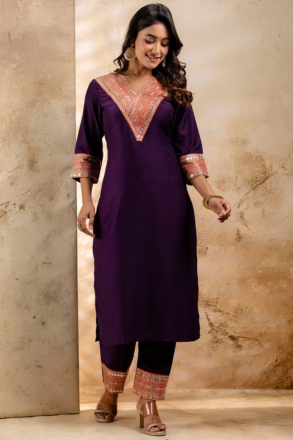 Purple V Neck Sequins Kurta Set