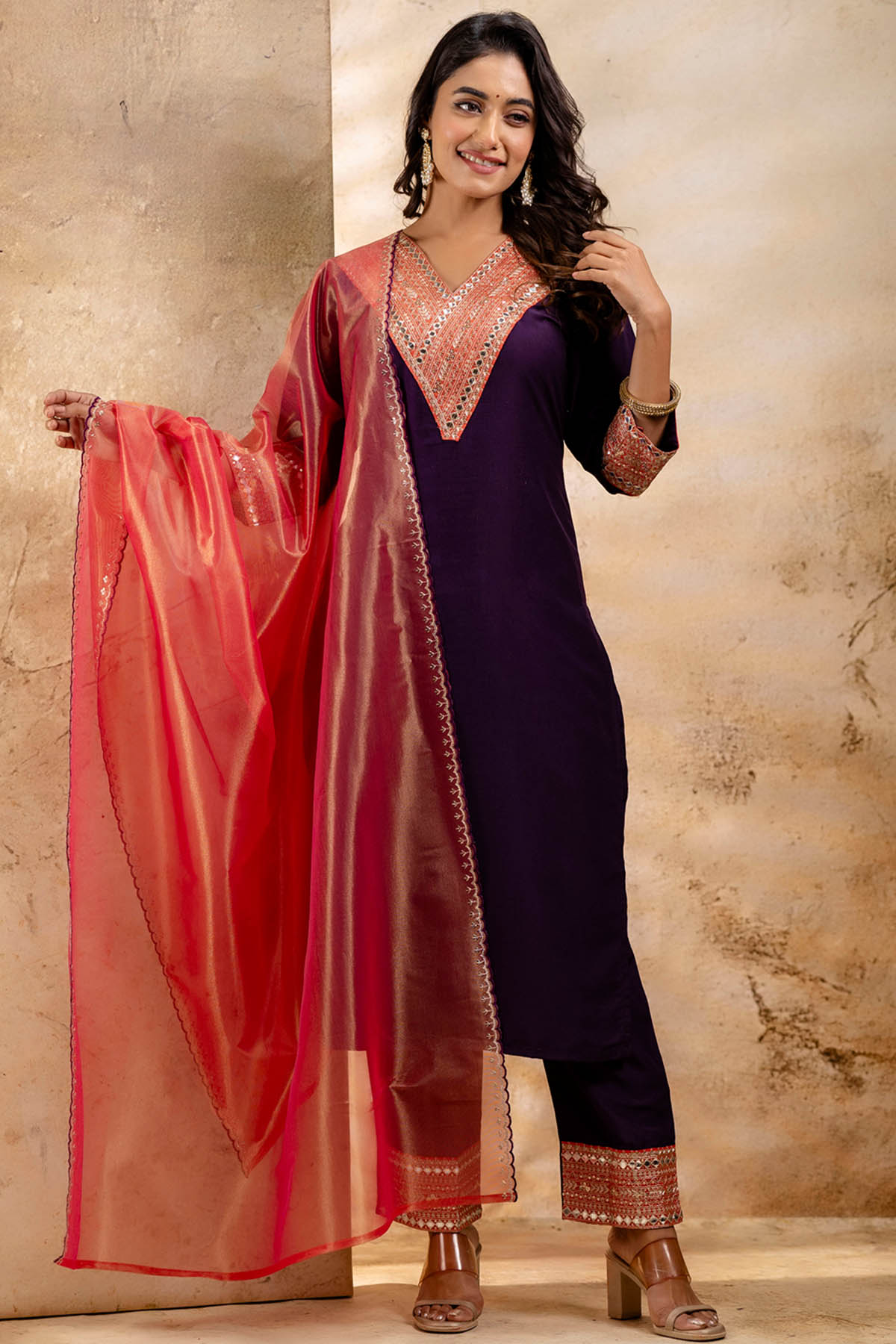 Buy Purple V Neck Sequins Kurta Set for women by Aastha Fashion online available at scrollnshops