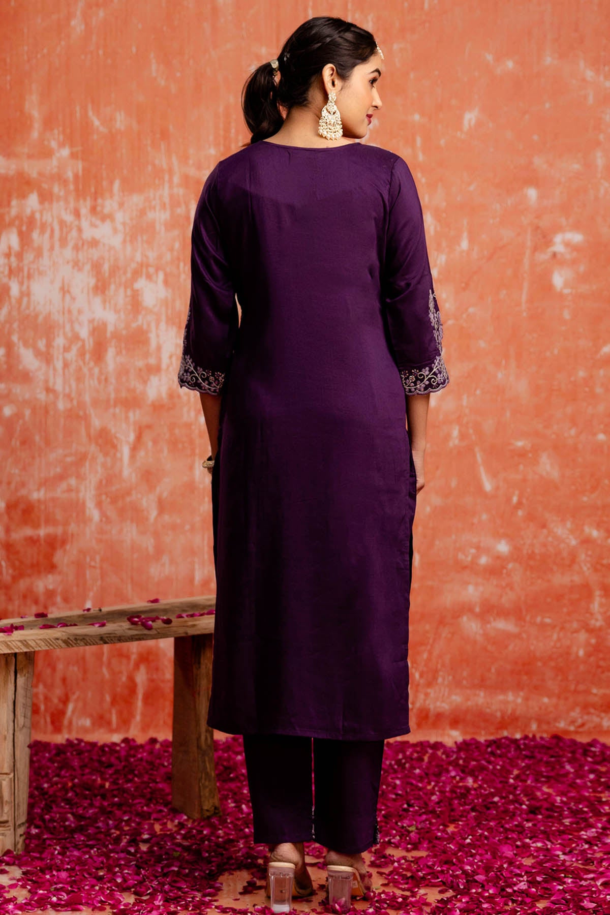 Purple V Neck Silk Kurta Set