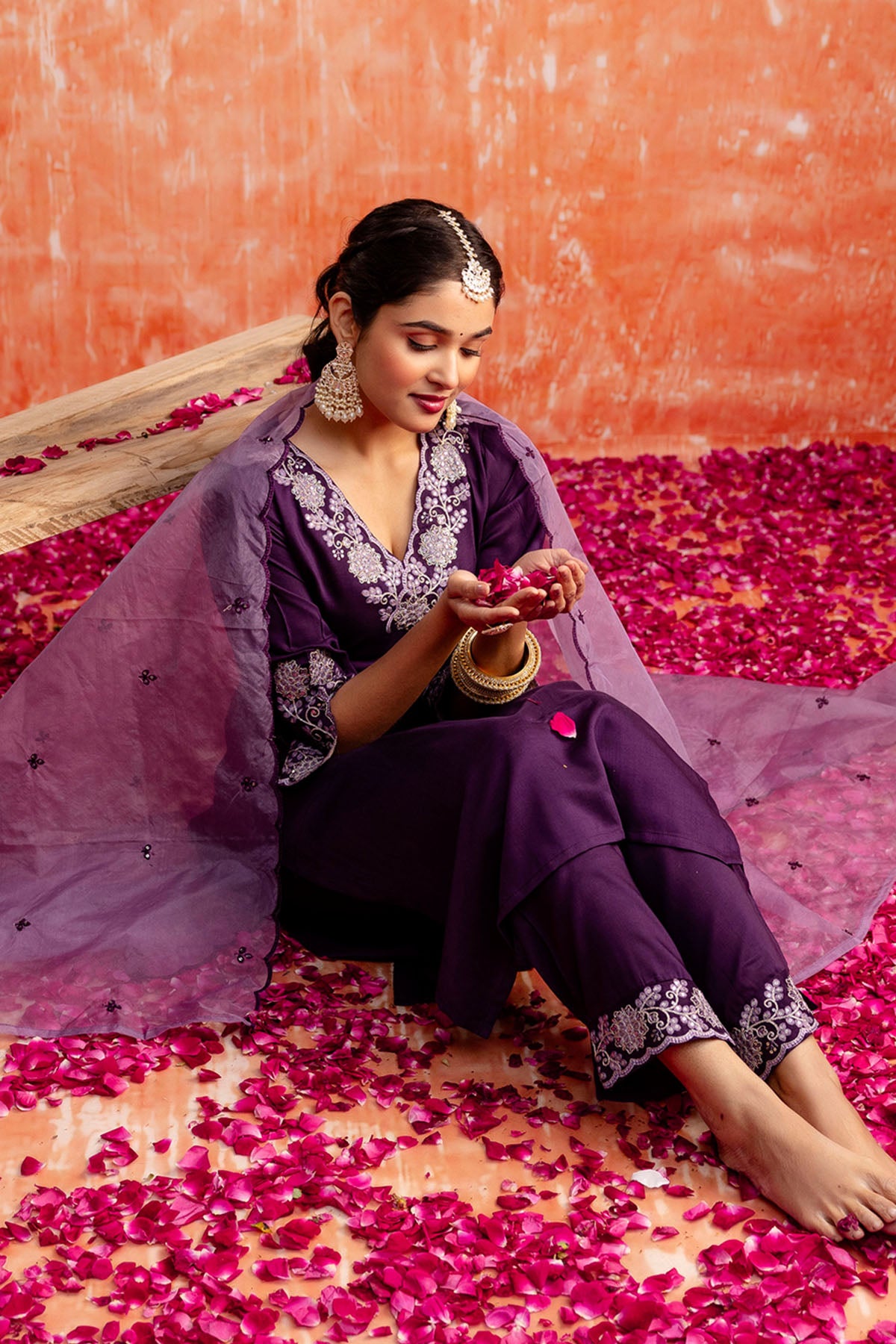 Purple V Neck Silk Kurta Set
