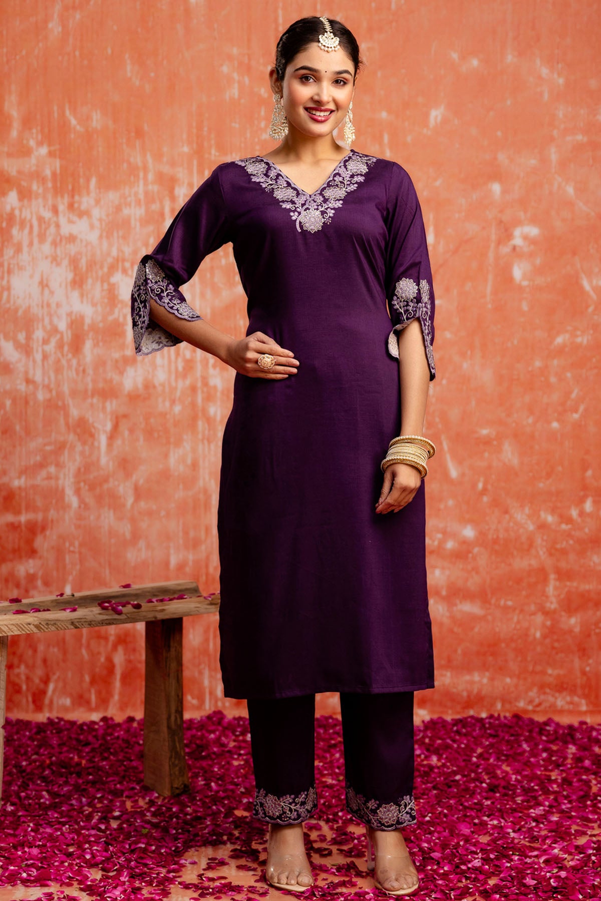 Purple V Neck Silk Kurta Set