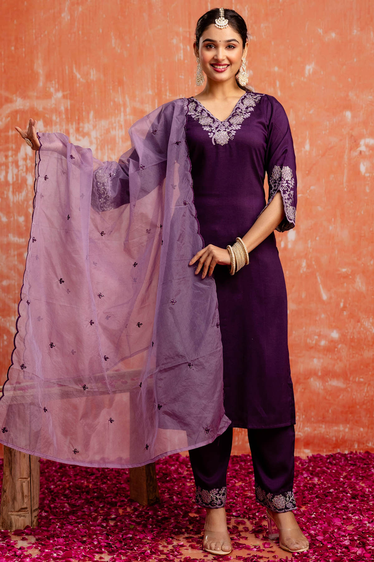 Buy Purple V Neck Silk Kurta Set for women by Aastha Fashion online available at scrollnshops