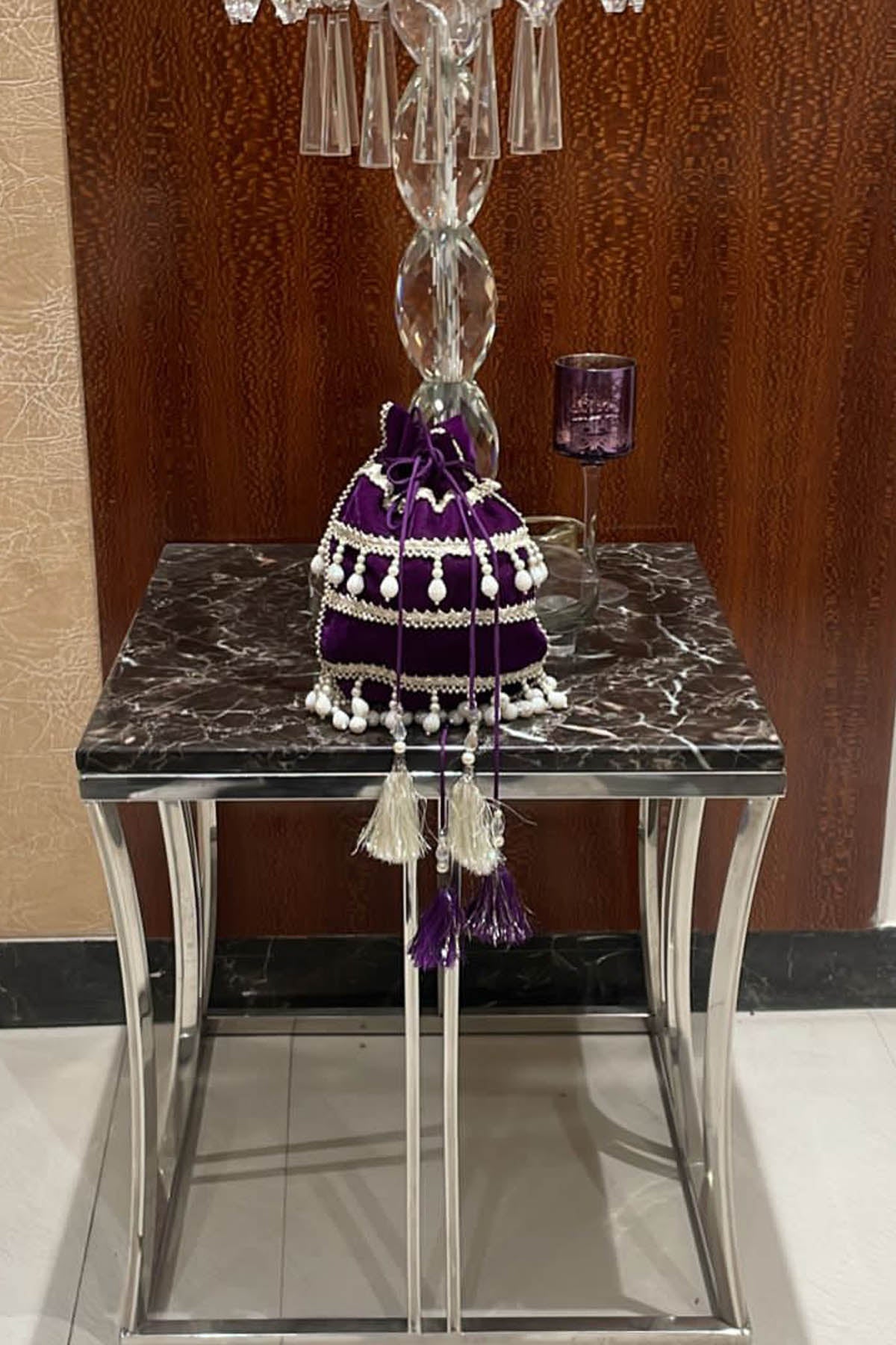 Ajiesh Oberoi Purple Velvet Embroidered Potli Accessories online at ScrollnShops
