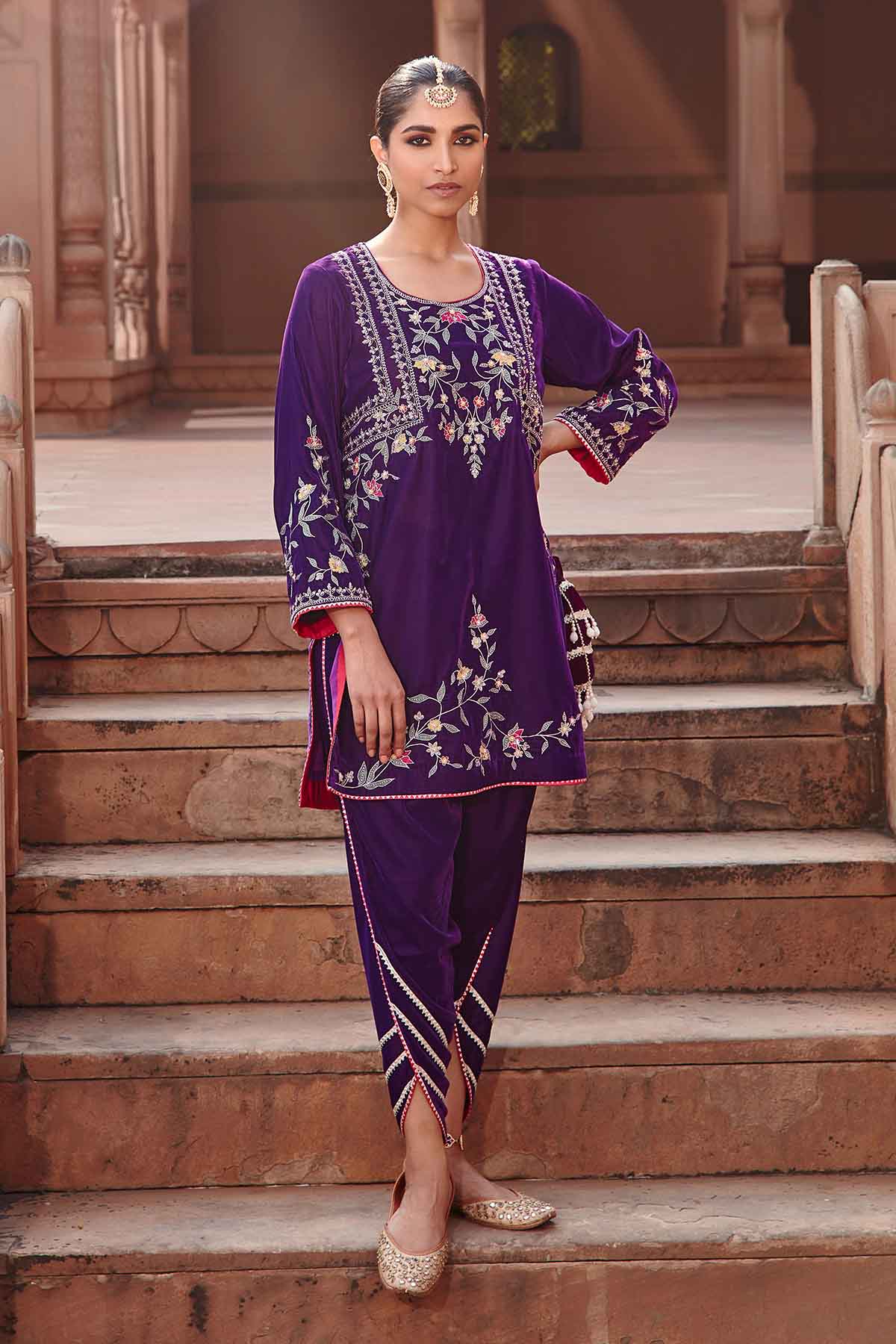 Purple Velvet Gota Dhoti Set