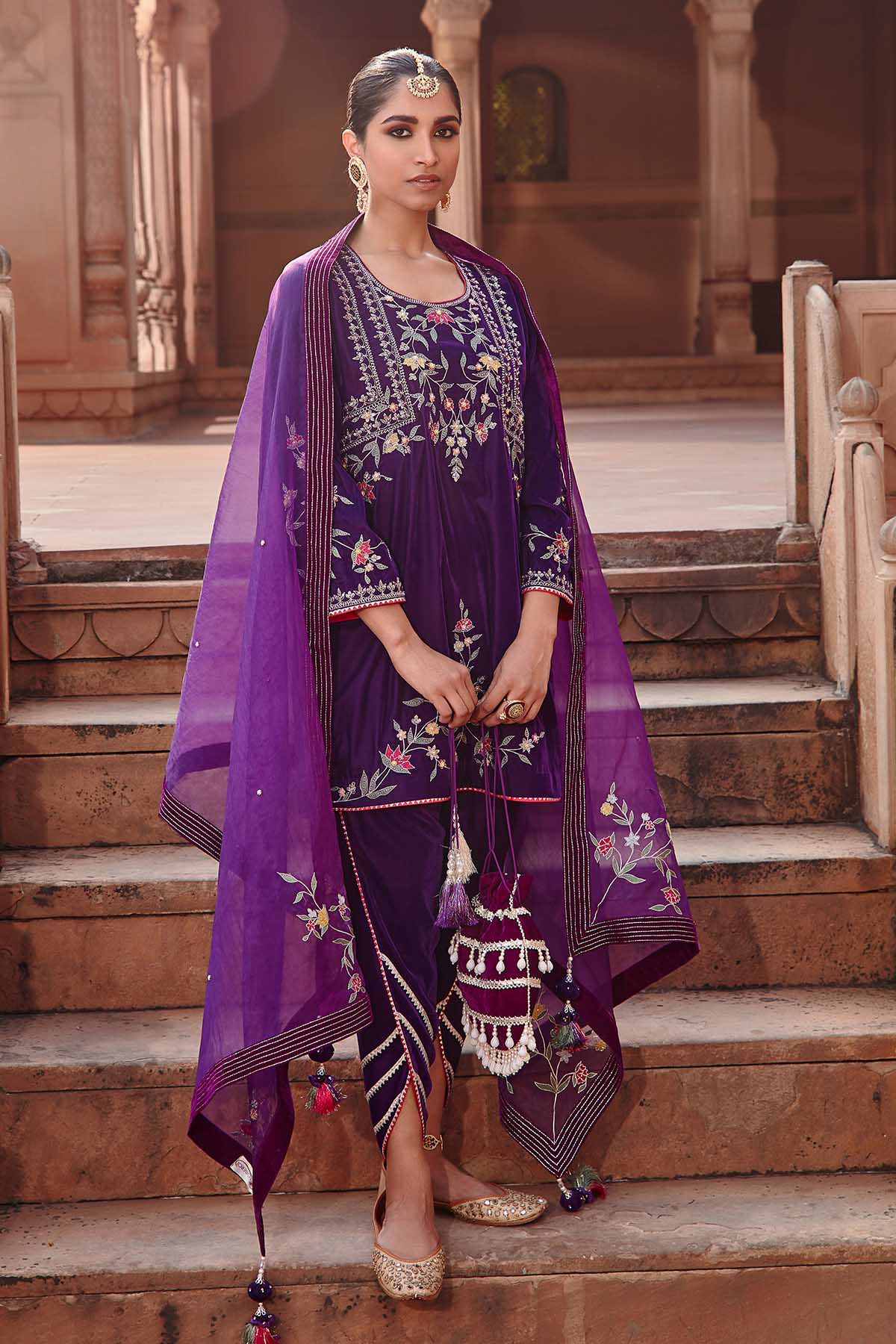 Buy Purple Velvet Gota Dhoti Set Online