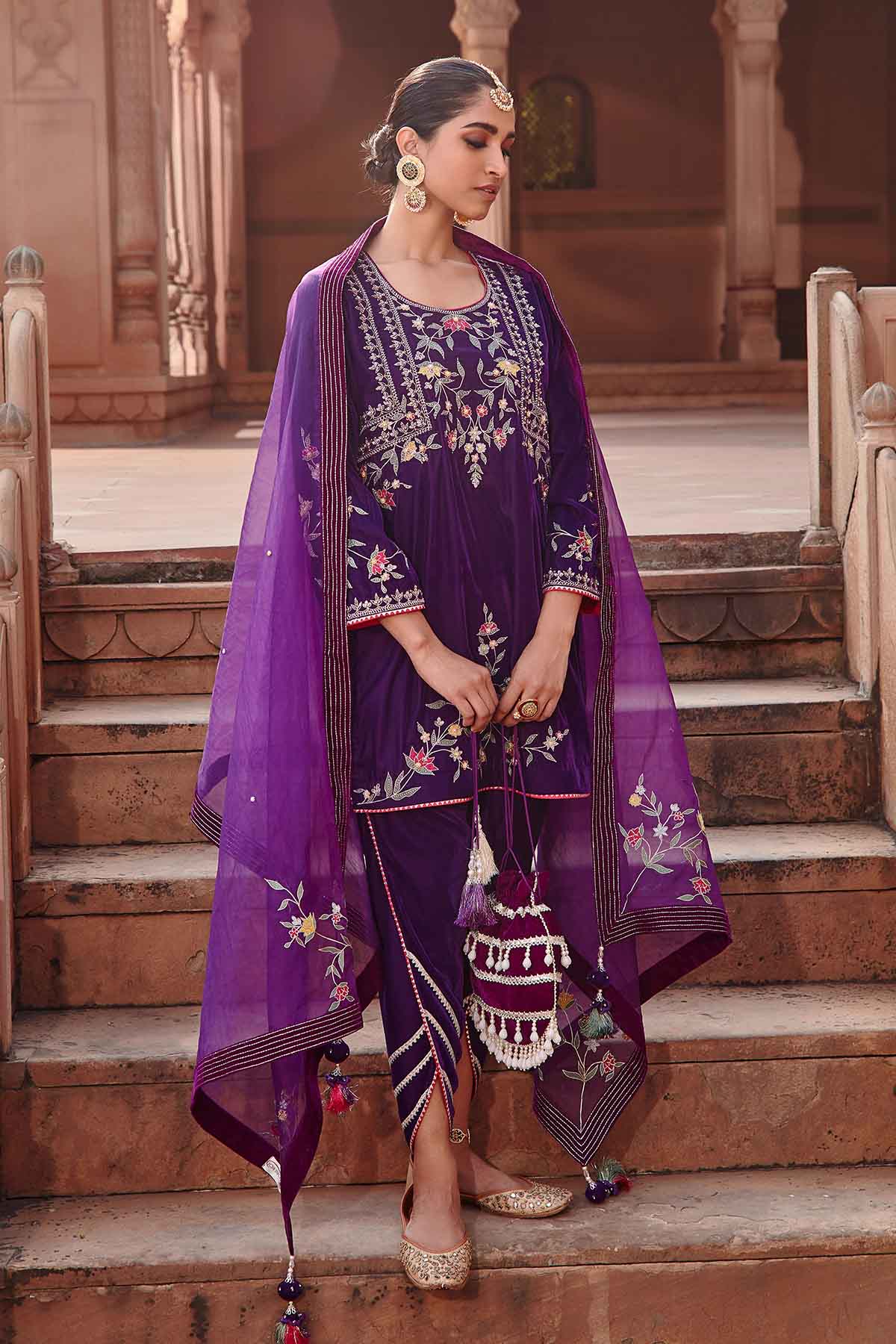 Purple Velvet Gota Dhoti Set