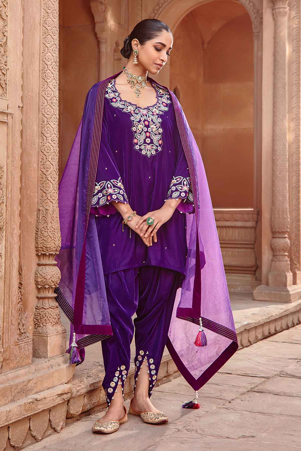 Purple Velvet Short Kurta Set