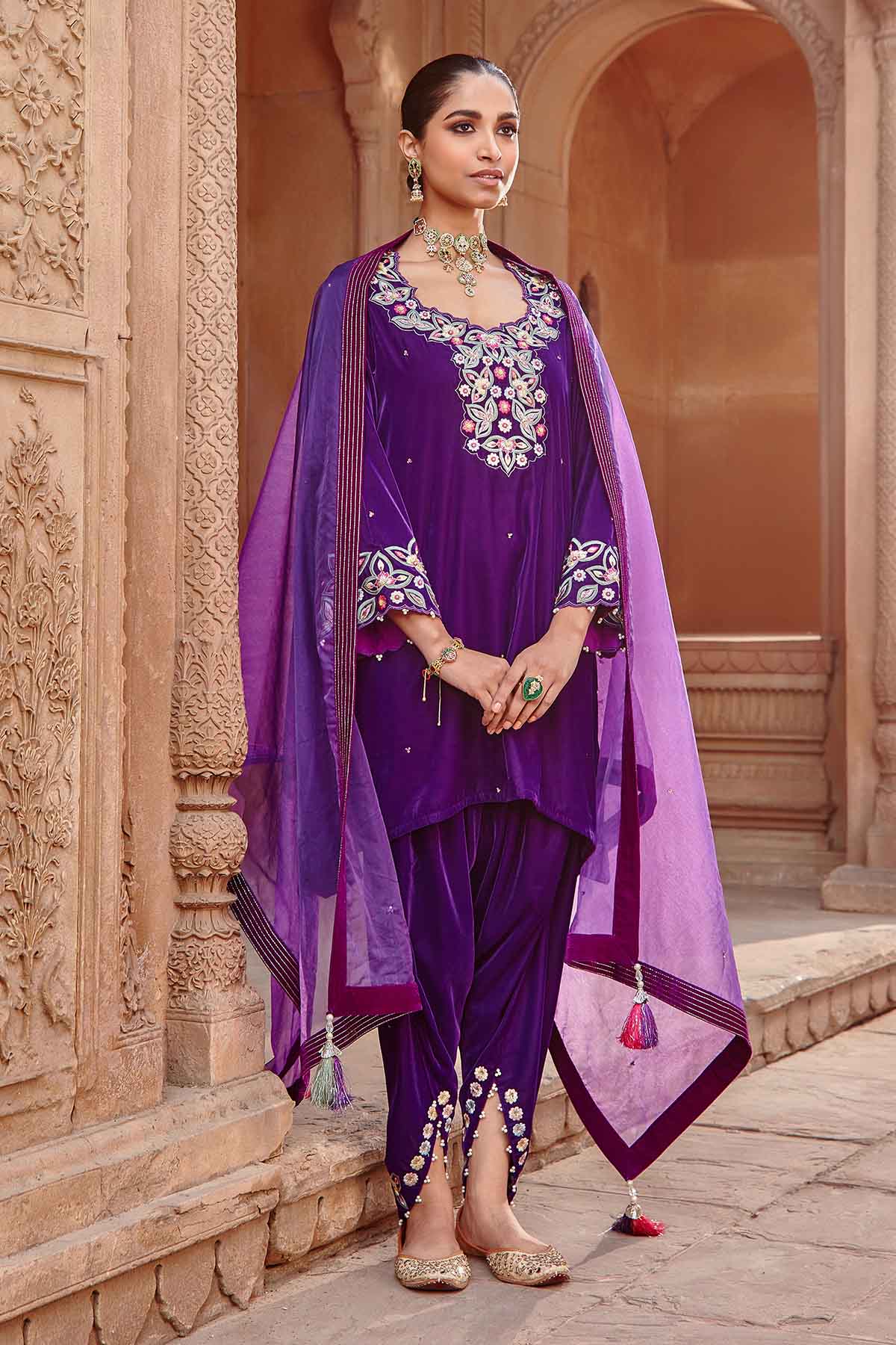 Buy Purple Velvet Short Kurta Set by Ajiesh Oberoi for women online at ScrollnShops