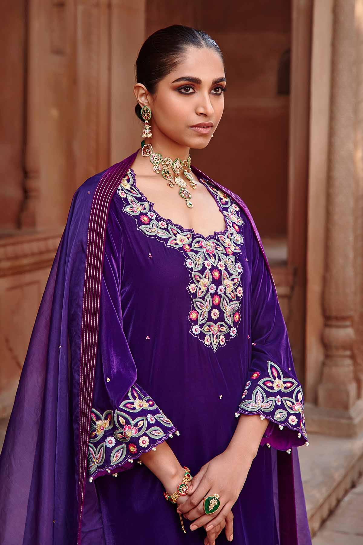 Purple Velvet Short Kurta Set