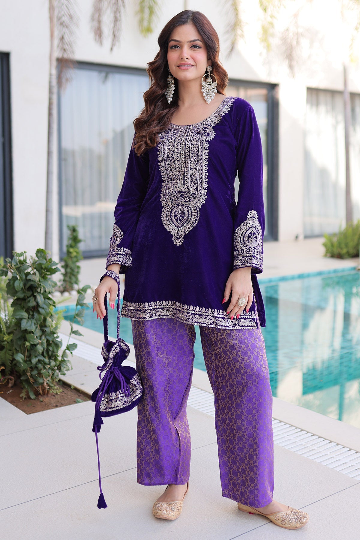Buy Purple Velvet Zari Kurta Set for women by Aastha Fashion online available at scrollnshops