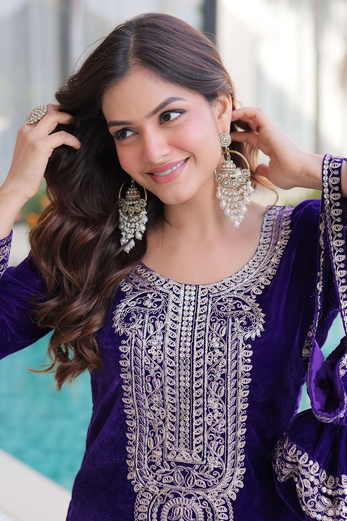 Purple Velvet Zari Kurta Set