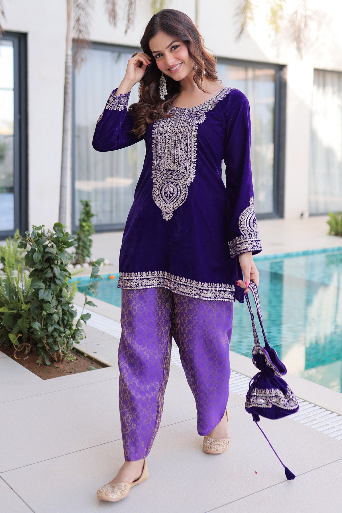 Purple Velvet Zari Kurta Set