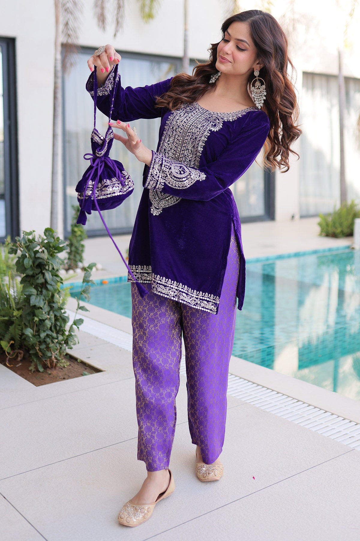 Purple Velvet Zari Kurta Set