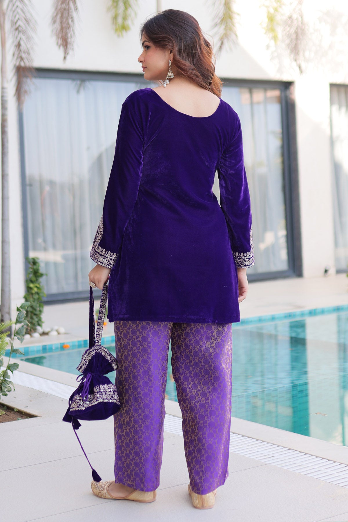 Purple Velvet Zari Kurta Set