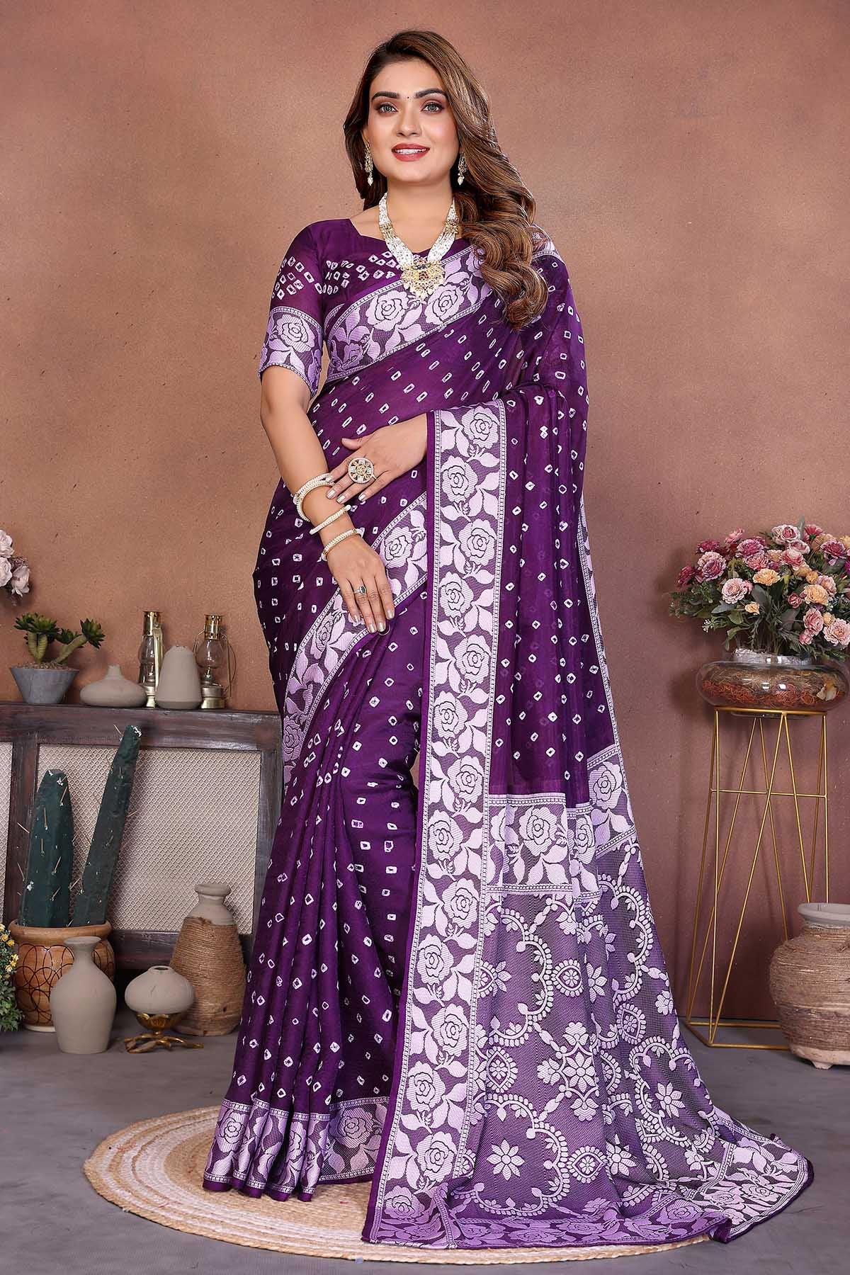 Buy Purple Viscose Bandhej Saree  for women by Aastha Fashion online available at scrollnshops