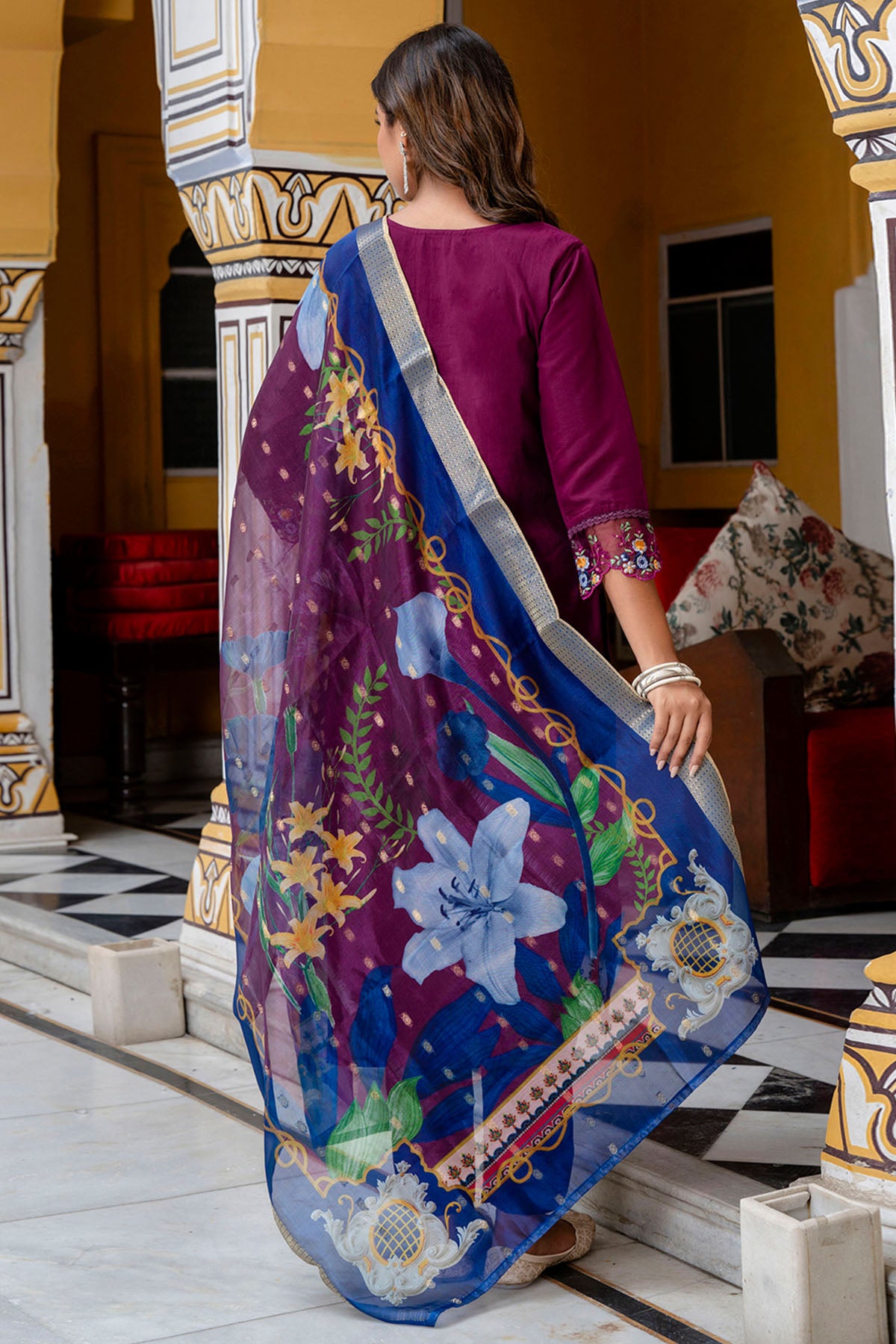 Purple Viscose Yoke Kurta Set